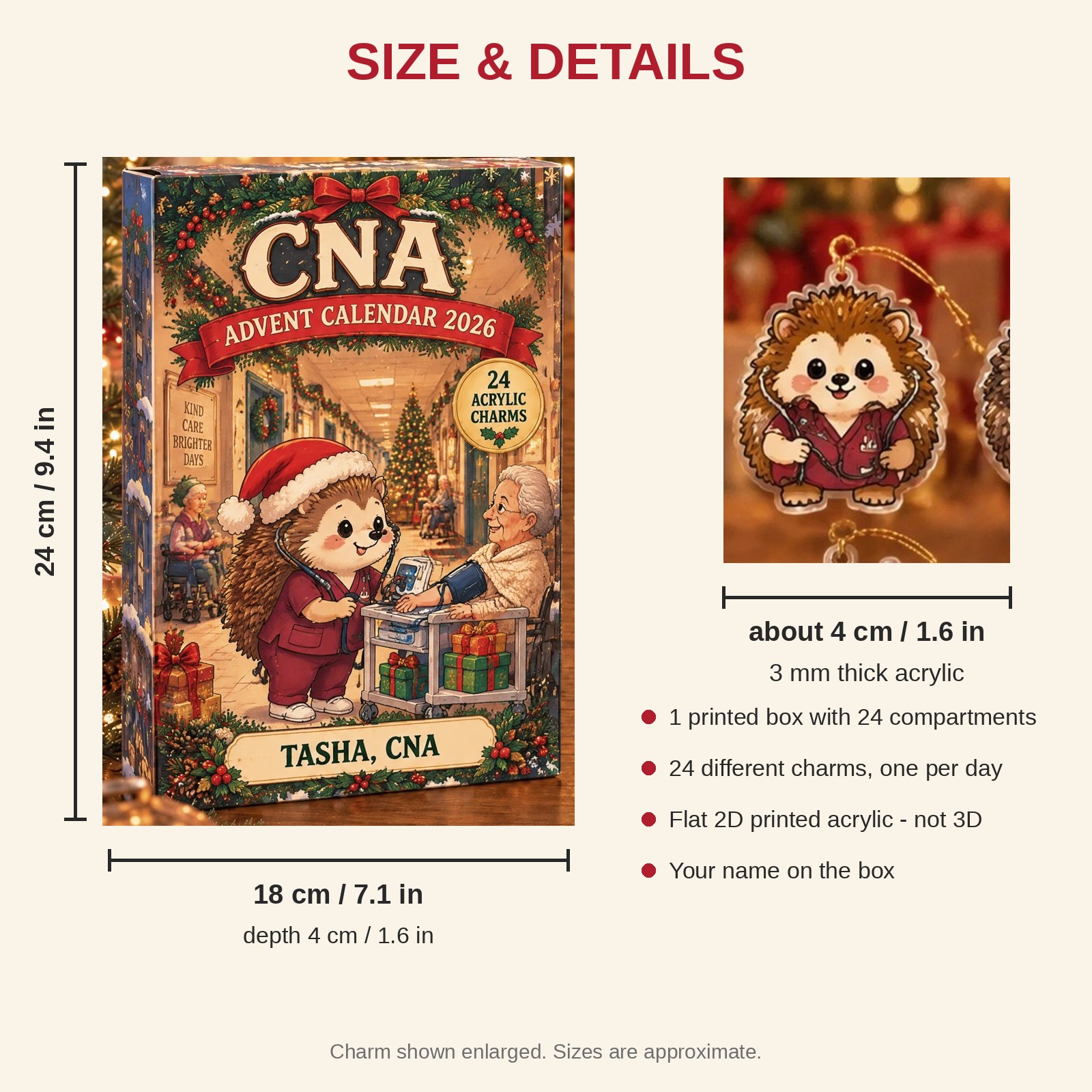 Personalized CNA Hedgehog advent calendar box with 24 flat acrylic Christmas charms: box and charm sizes