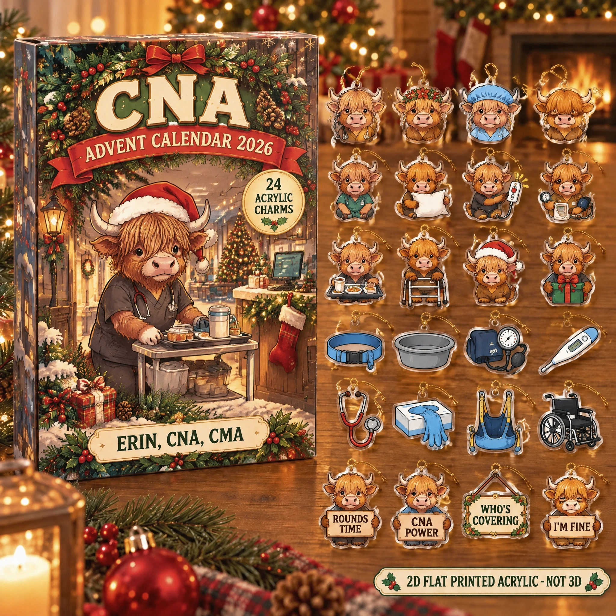Personalized CNA Highland Cow advent calendar box with 24 flat acrylic Christmas charms