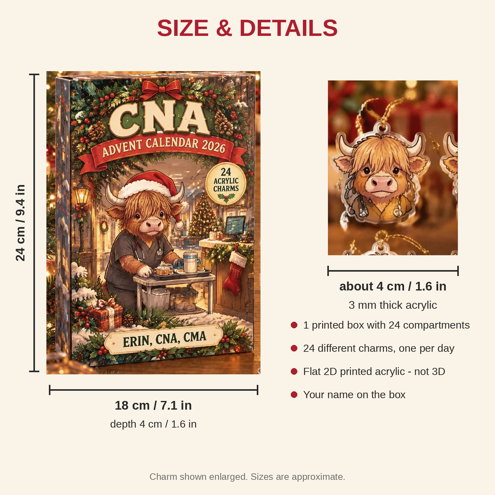 Personalized CNA Highland Cow advent calendar box with 24 flat acrylic Christmas charms: box and charm sizes