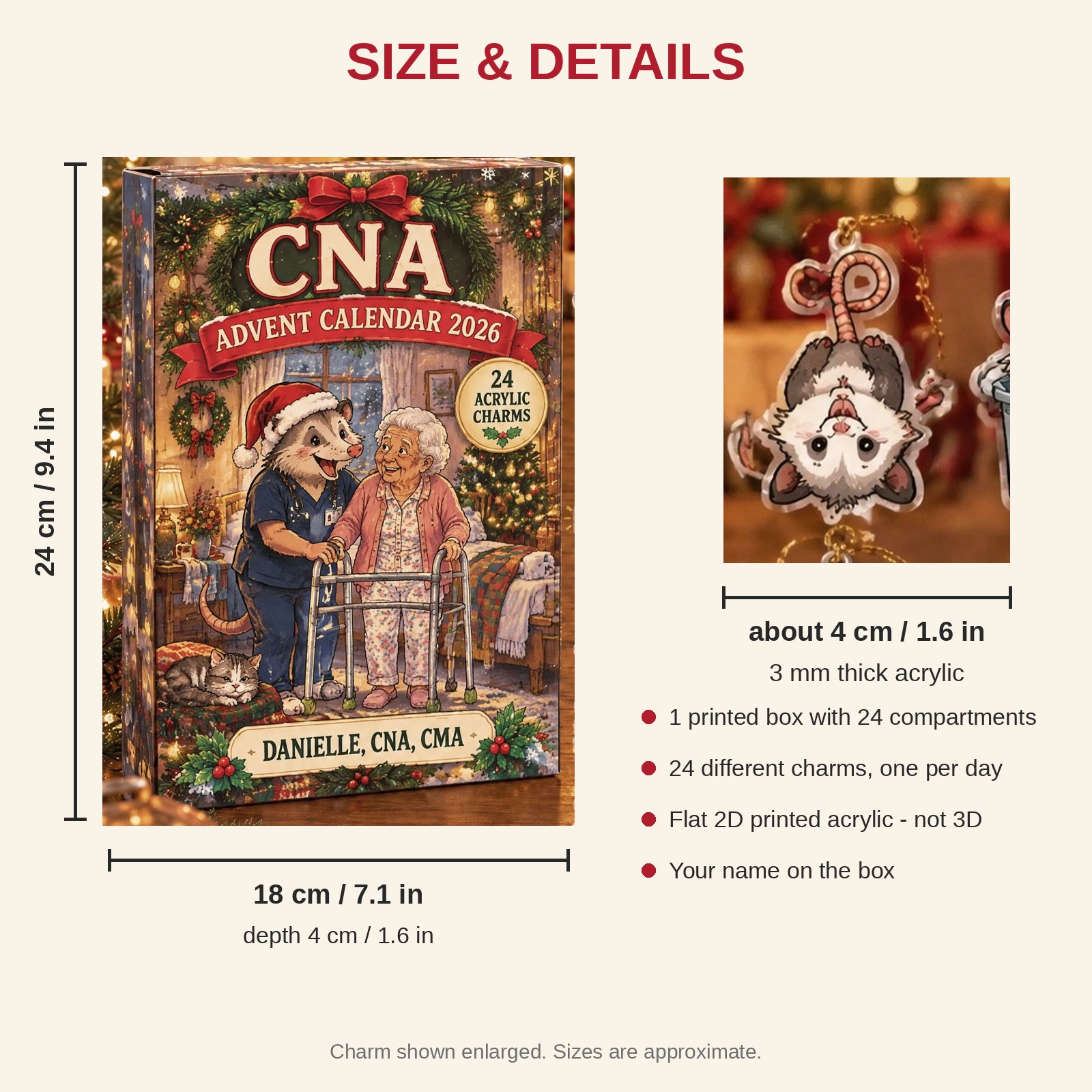 Personalized CNA Opossum advent calendar box with 24 flat acrylic Christmas charms: box and charm sizes