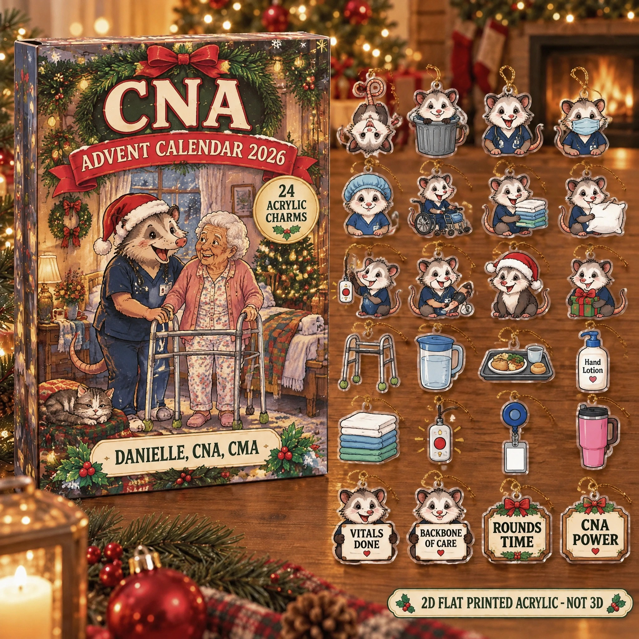 Personalized CNA Opossum advent calendar box with 24 flat acrylic Christmas charms