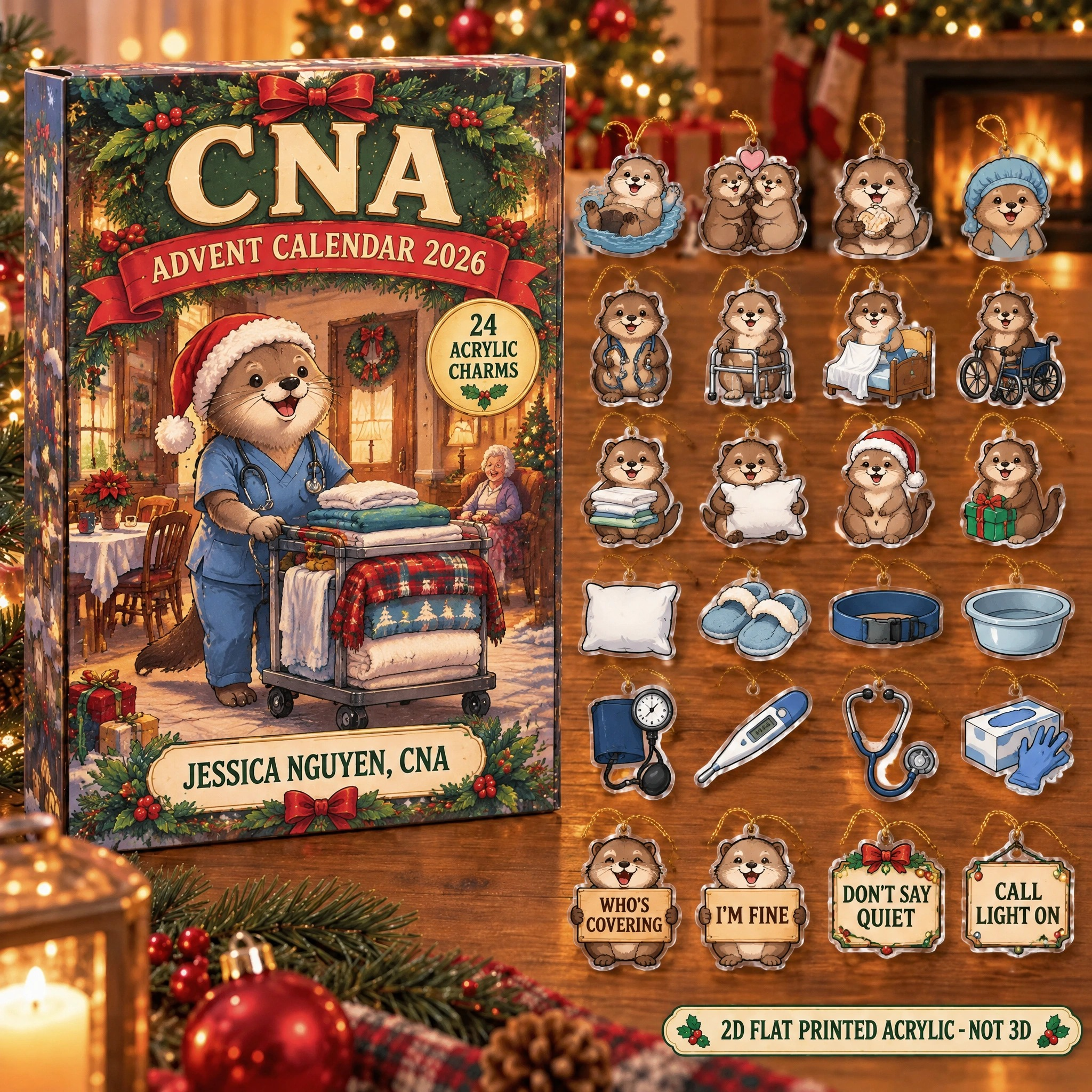 Personalized CNA Otter advent calendar box with 24 flat acrylic Christmas charms