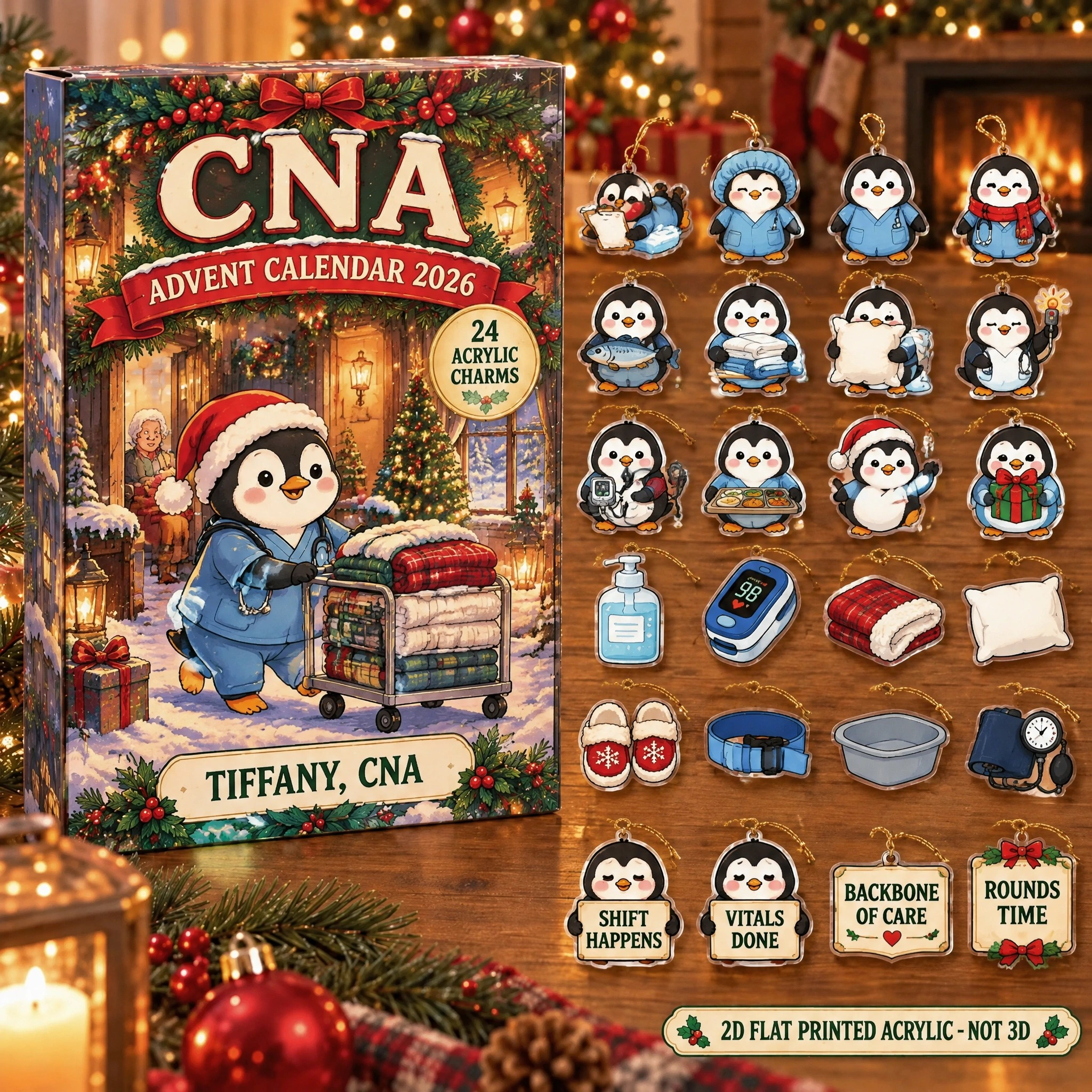 Personalized CNA Penguin advent calendar box with 24 flat acrylic Christmas charms