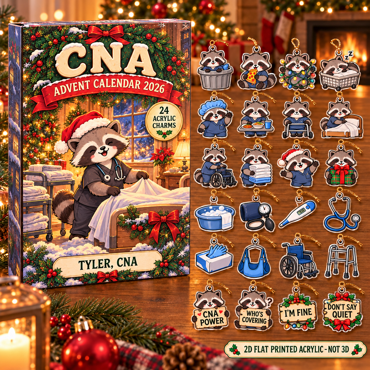 Personalized CNA Raccoon advent calendar box with 24 flat acrylic Christmas charms