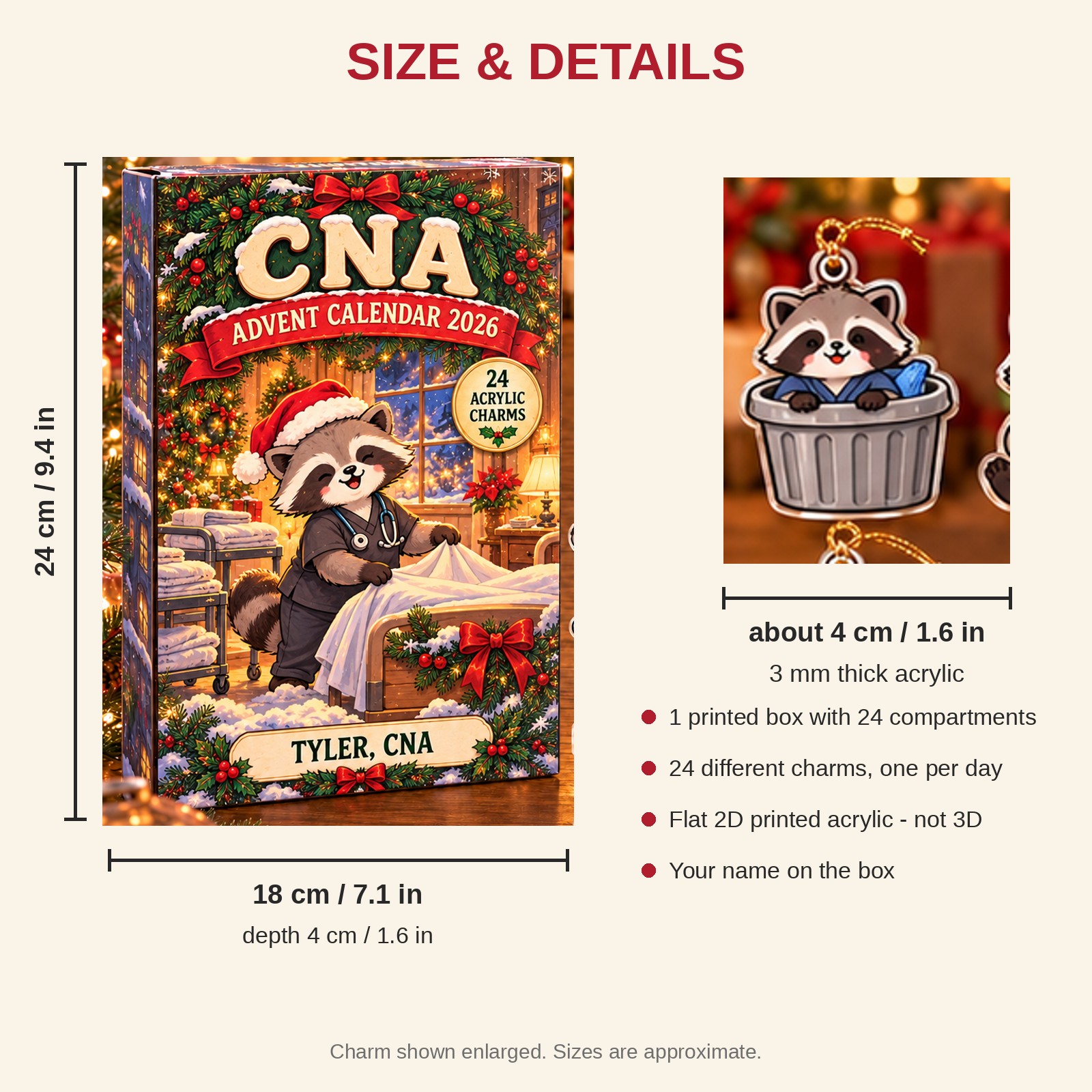 Personalized CNA Raccoon advent calendar box with 24 flat acrylic Christmas charms: box and charm sizes