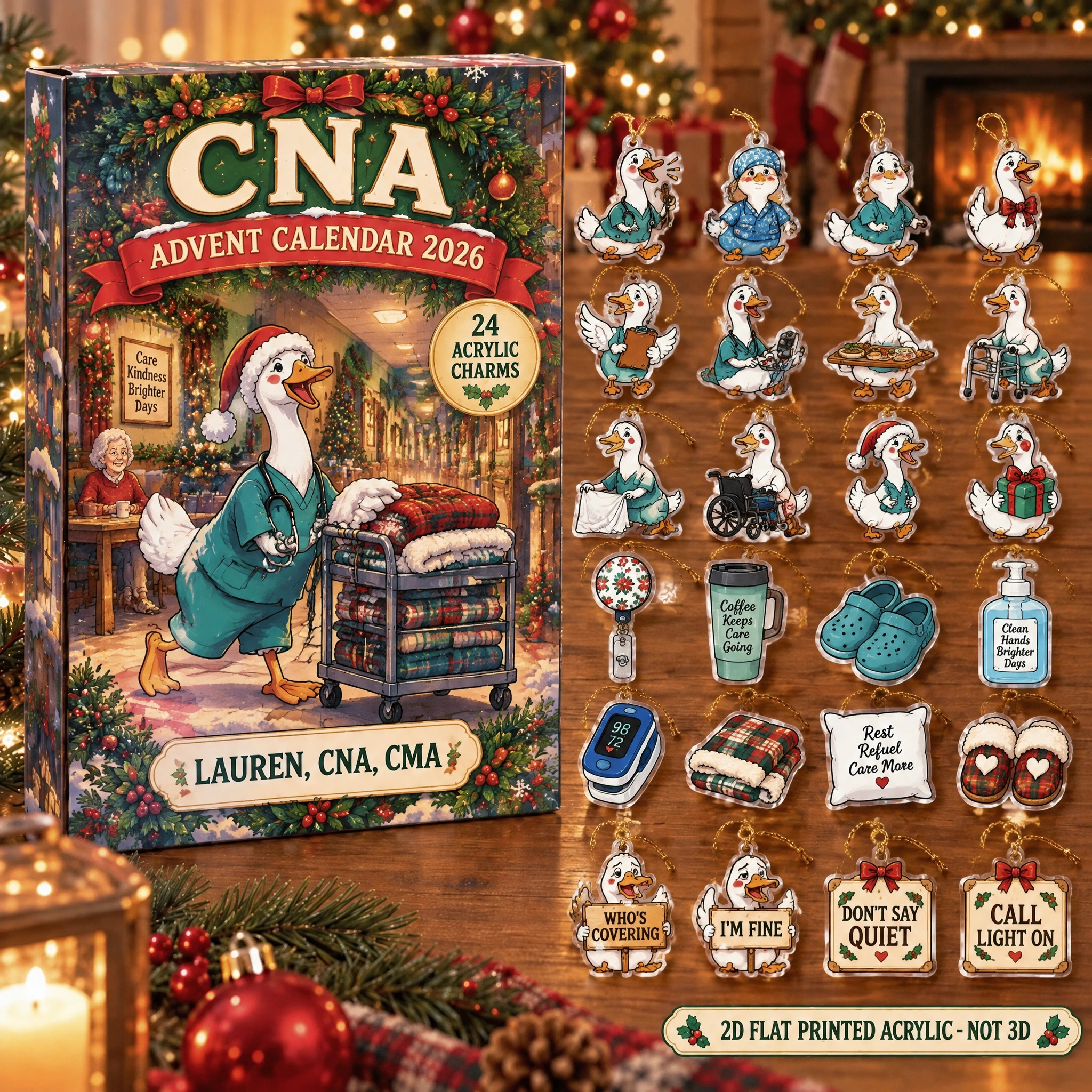 Personalized CNA Silly Goose advent calendar box with 24 flat acrylic Christmas charms