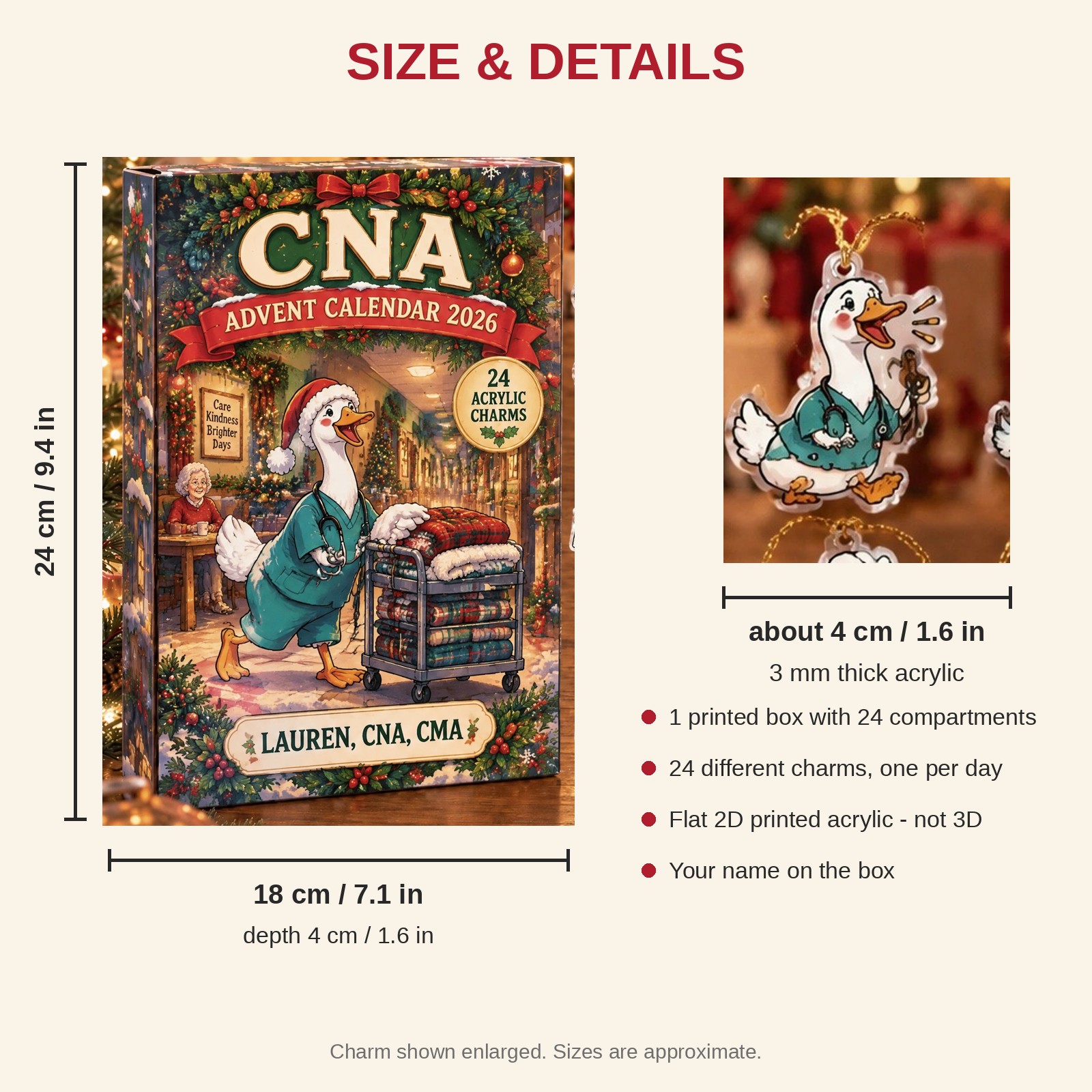 Personalized CNA Silly Goose advent calendar box with 24 flat acrylic Christmas charms: box and charm sizes