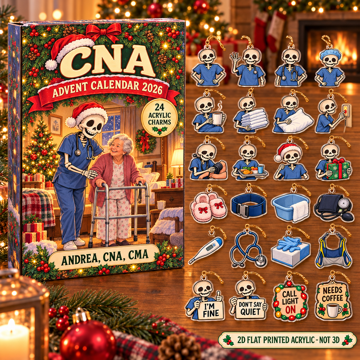 Personalized Skeleton CNA advent calendar box with 24 flat acrylic Christmas charms