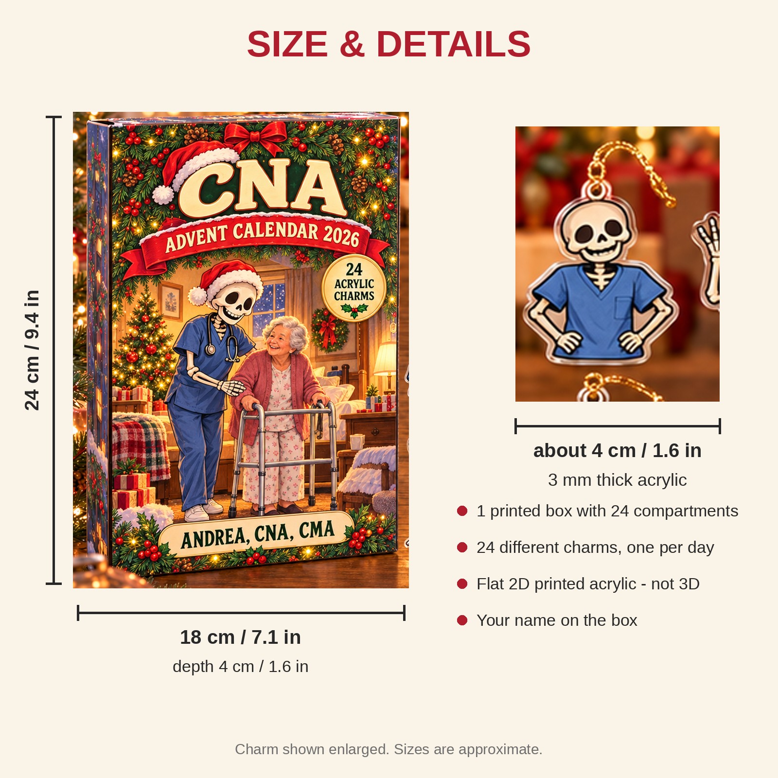 Personalized Skeleton CNA advent calendar box with 24 flat acrylic Christmas charms: box and charm sizes