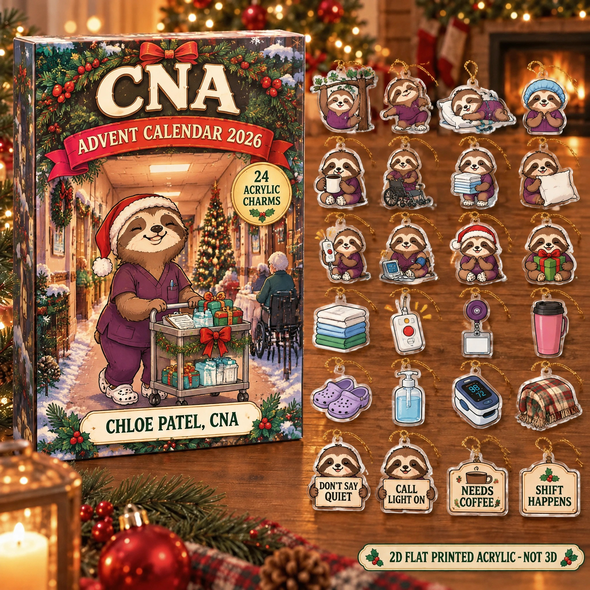 Personalized CNA Sloth advent calendar box with 24 flat acrylic Christmas charms
