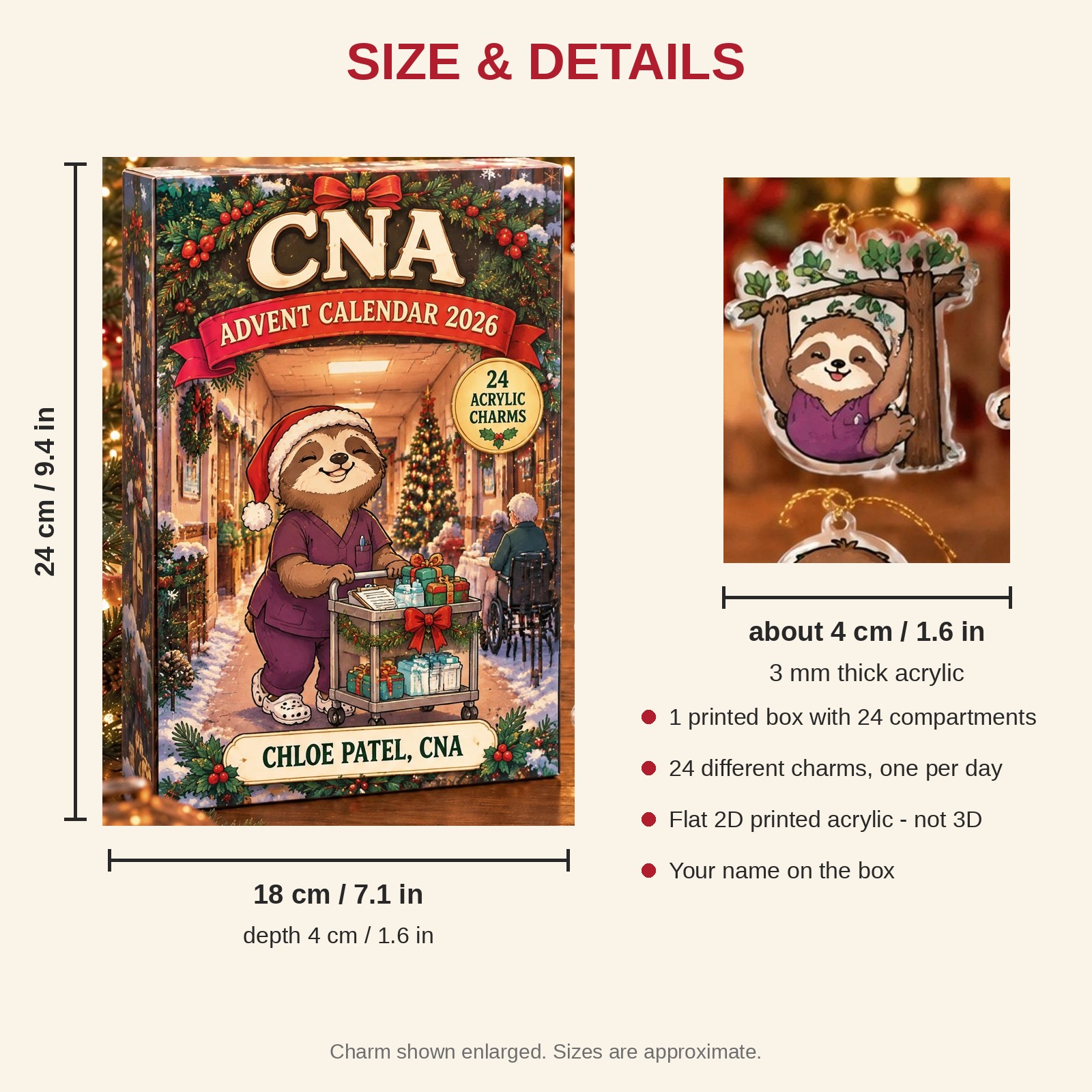 Personalized CNA Sloth advent calendar box with 24 flat acrylic Christmas charms: box and charm sizes