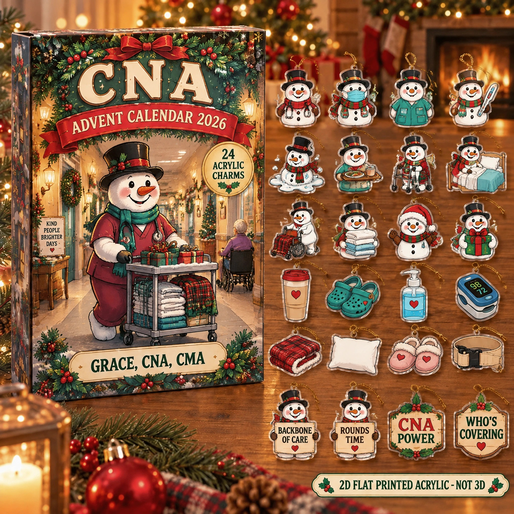 Personalized Snowman CNA advent calendar box with 24 flat acrylic Christmas charms