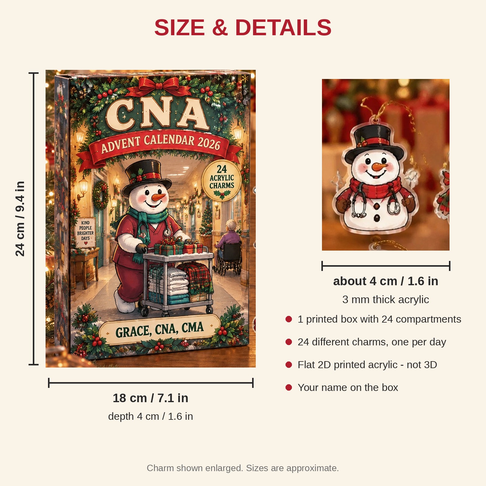 Personalized Snowman CNA advent calendar box with 24 flat acrylic Christmas charms: box and charm sizes