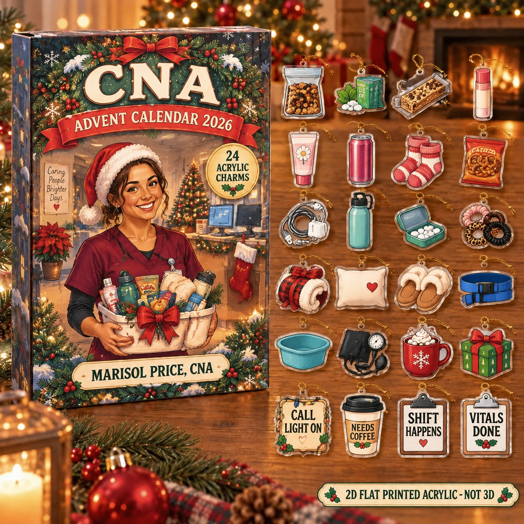 Personalized CNA Survival Kit advent calendar box with 24 flat acrylic Christmas charms