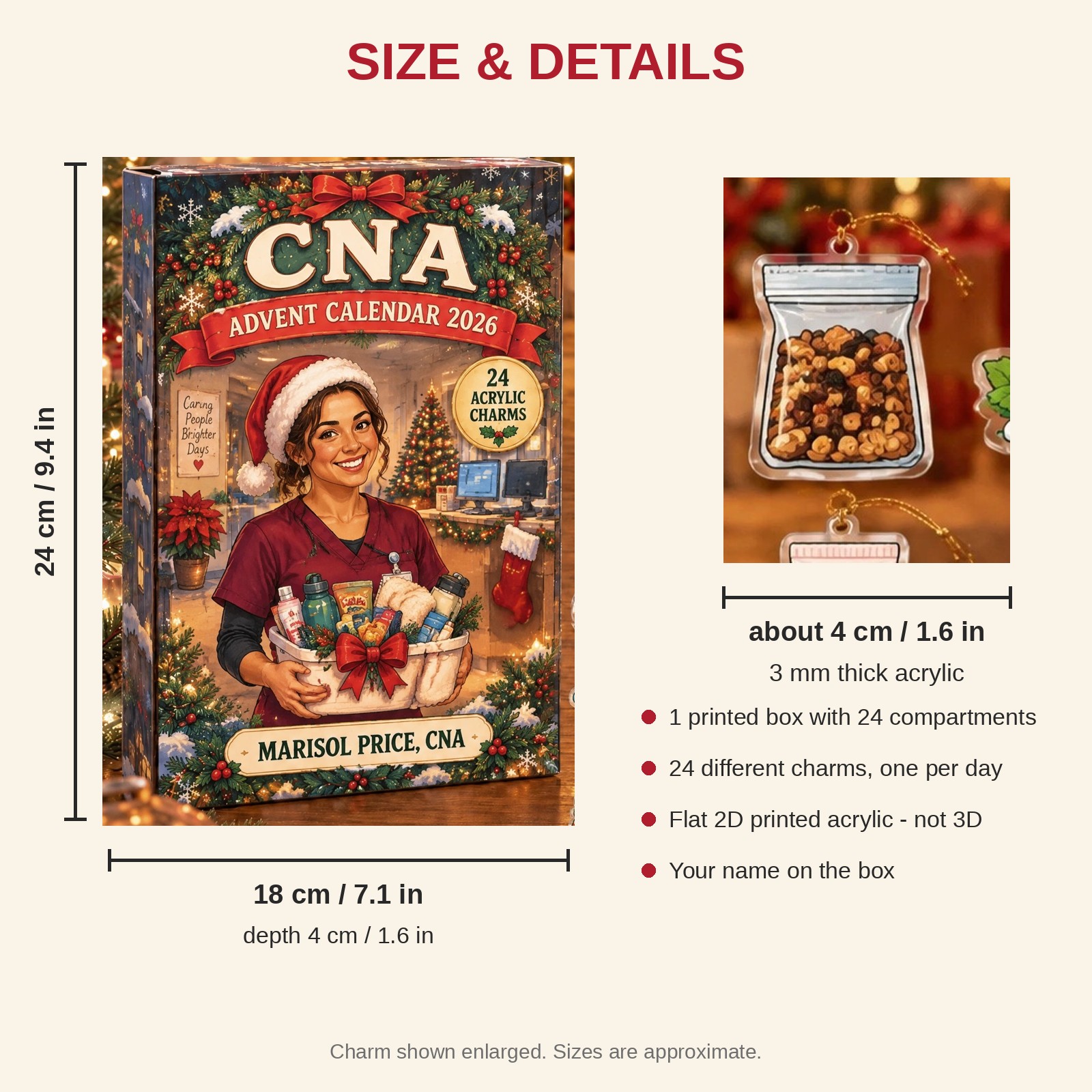 Personalized CNA Survival Kit advent calendar box with 24 flat acrylic Christmas charms: box and charm sizes