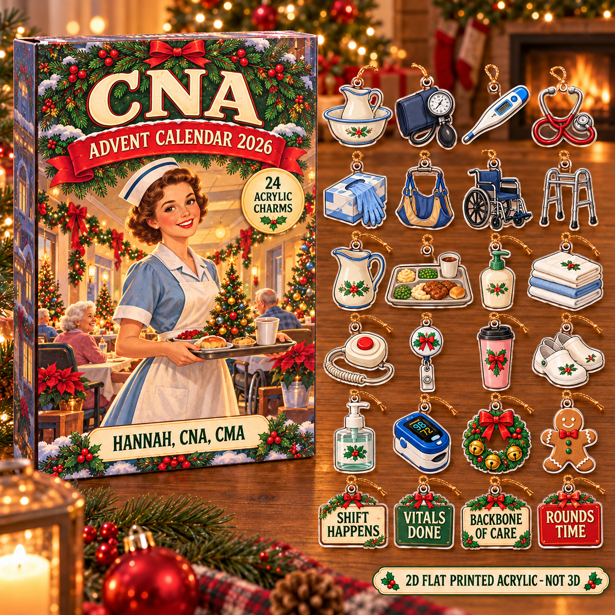 Personalized Vintage CNA advent calendar box with 24 flat acrylic Christmas charms
