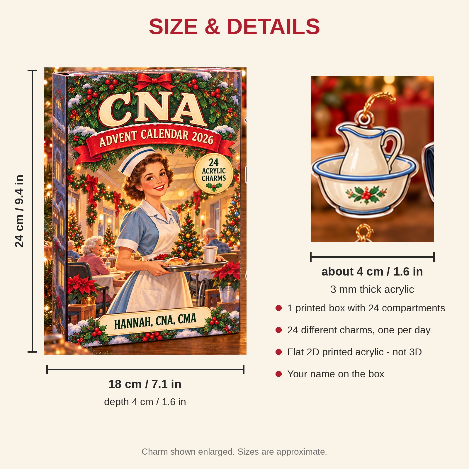 Personalized Vintage CNA advent calendar box with 24 flat acrylic Christmas charms: box and charm sizes