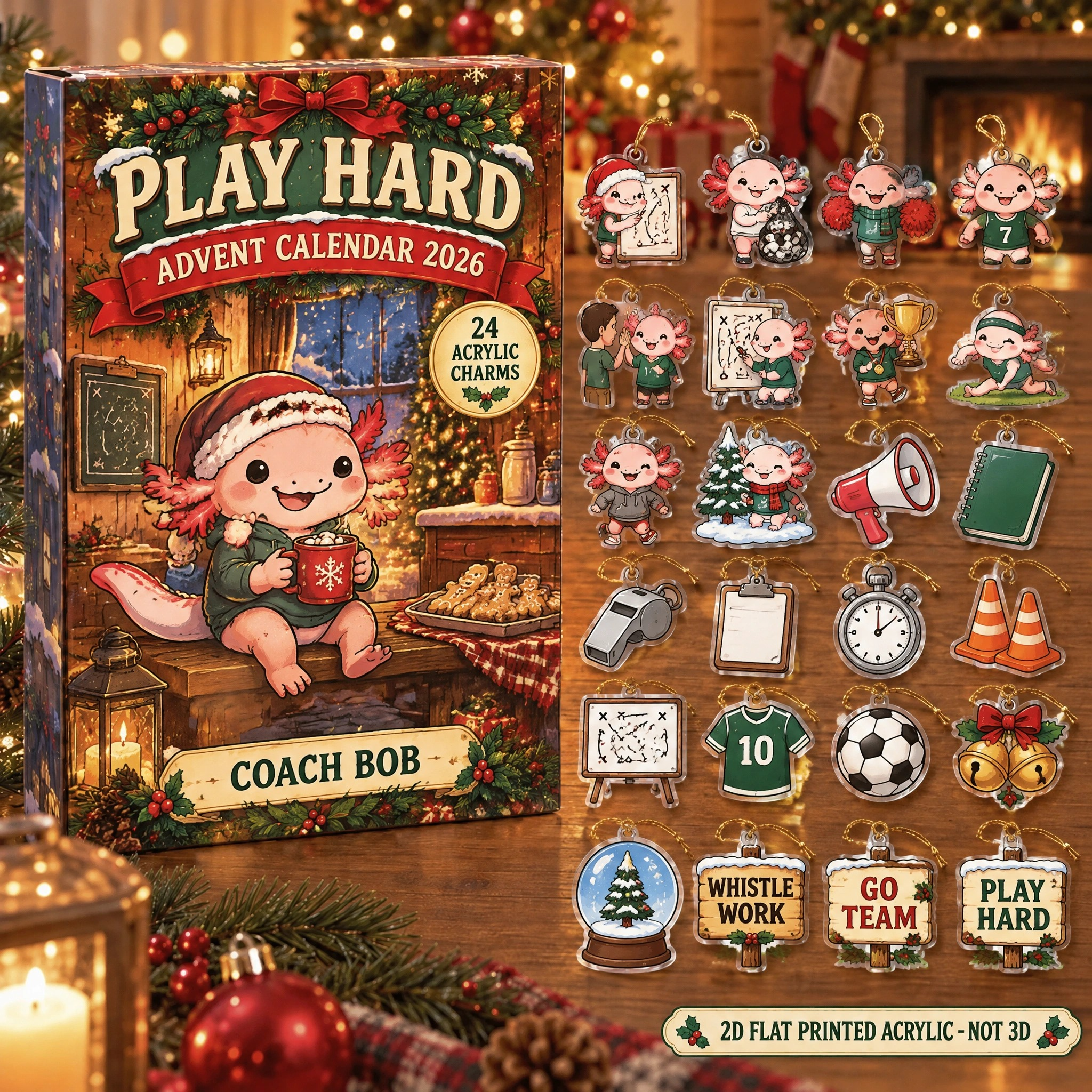 Personalized Coach Axolotl advent calendar box with 24 flat acrylic Christmas charms