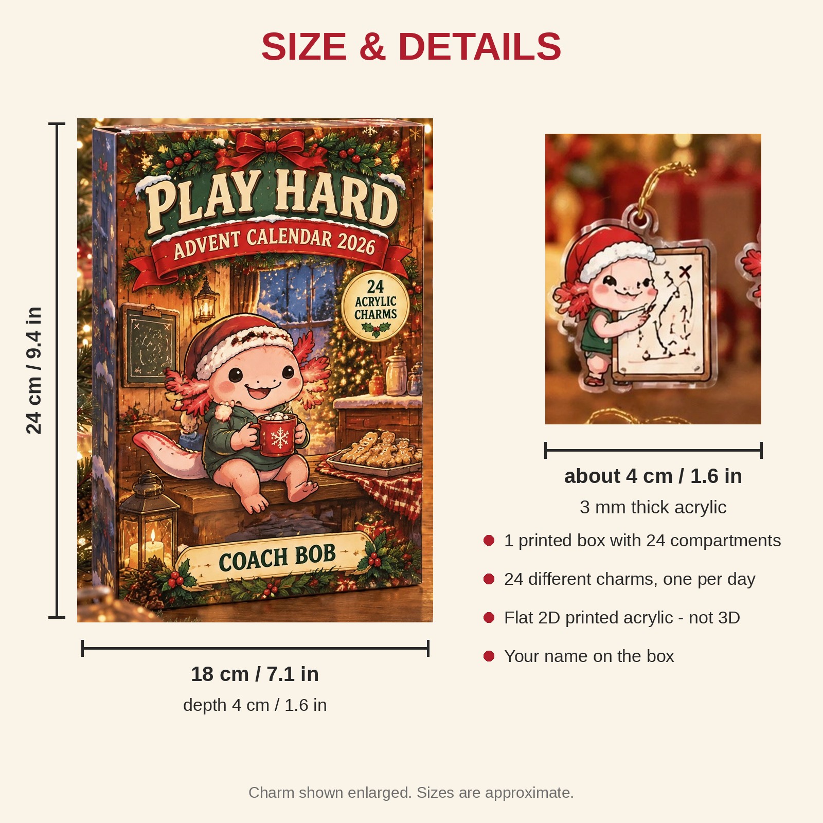 Personalized Coach Axolotl advent calendar box with 24 flat acrylic Christmas charms: box and charm sizes