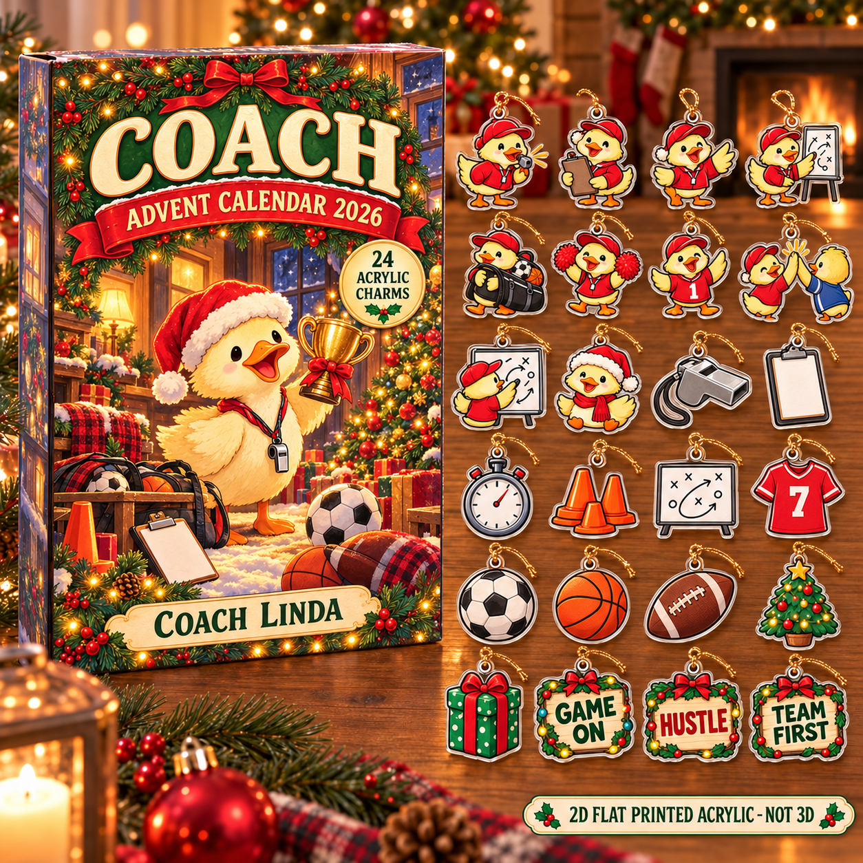Personalized Coach Duck advent calendar box with 24 flat acrylic Christmas charms