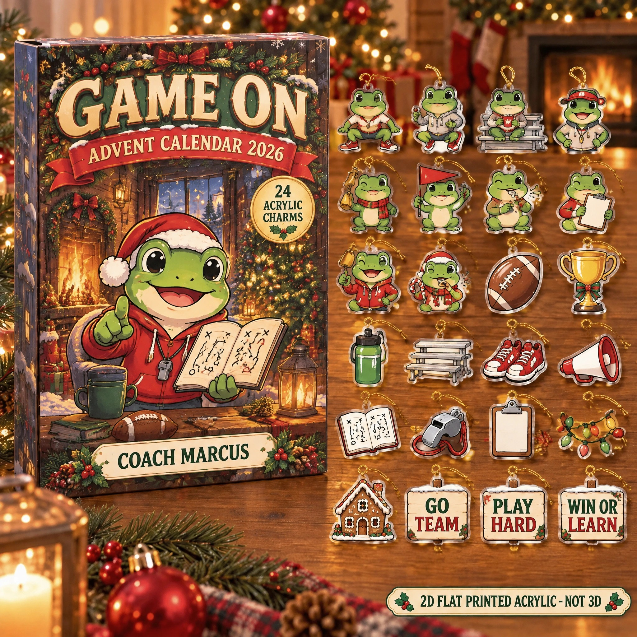 Personalized Coach Frog advent calendar box with 24 flat acrylic Christmas charms