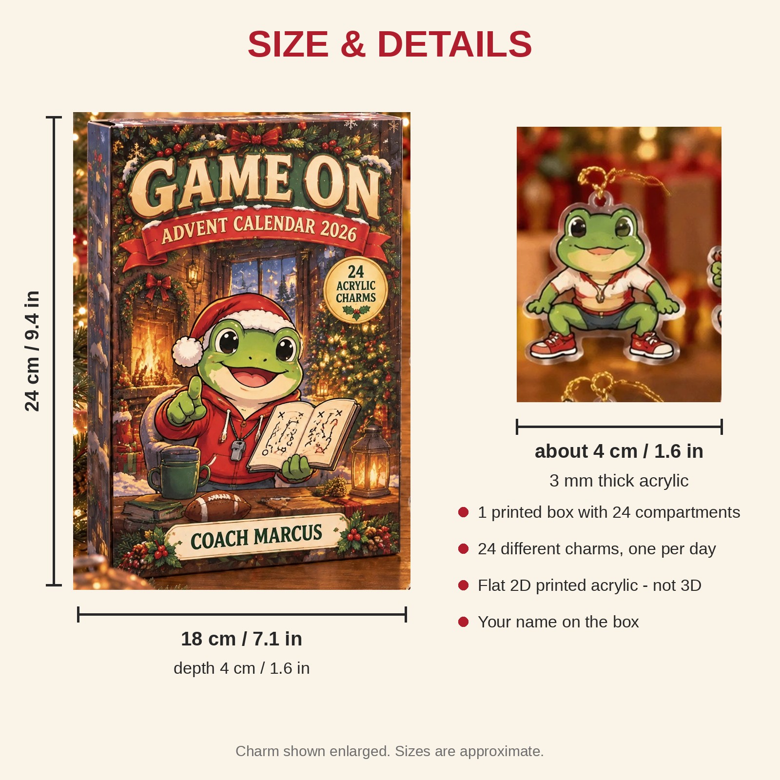Personalized Coach Frog advent calendar box with 24 flat acrylic Christmas charms: box and charm sizes