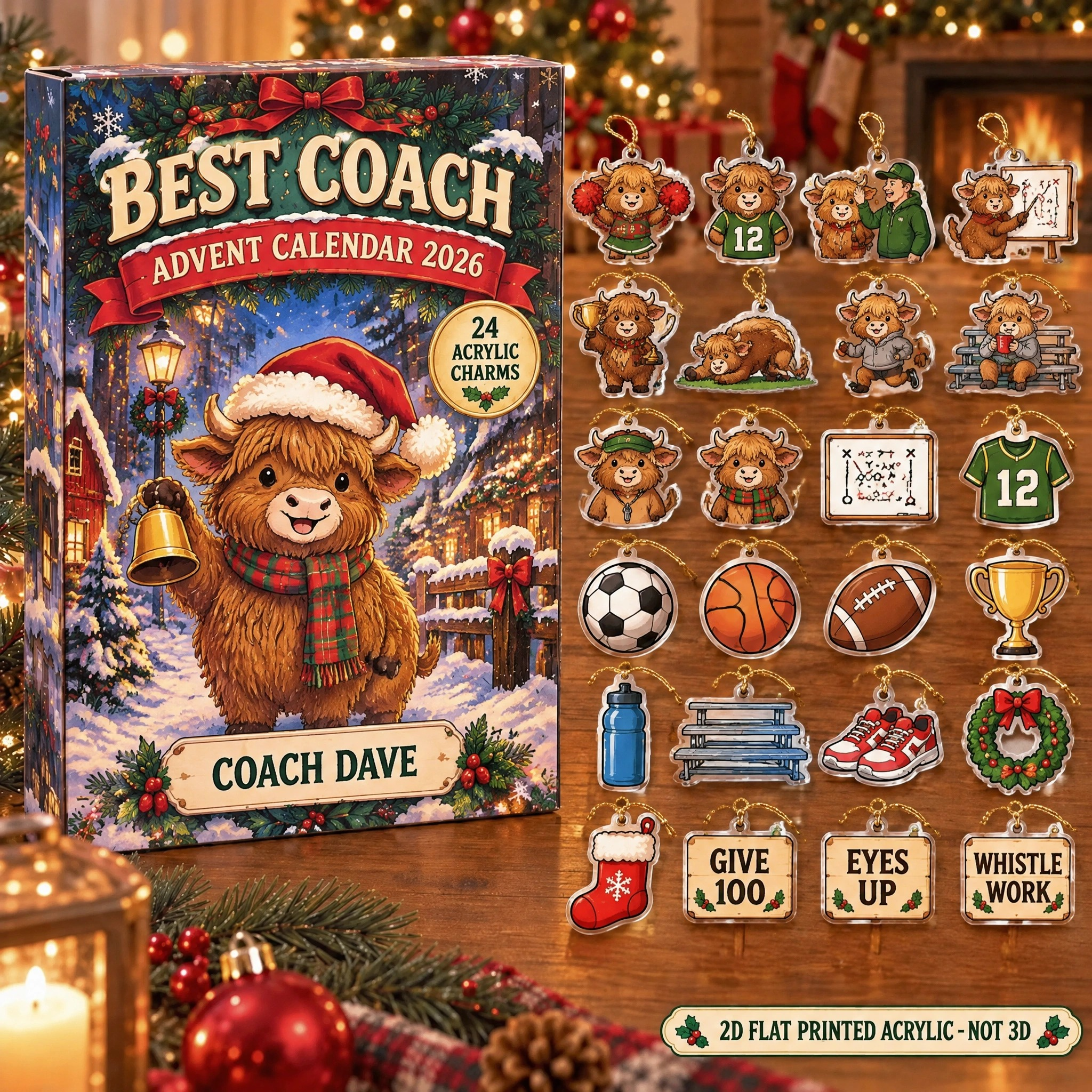 Personalized Coach Highland Cow advent calendar box with 24 flat acrylic Christmas charms