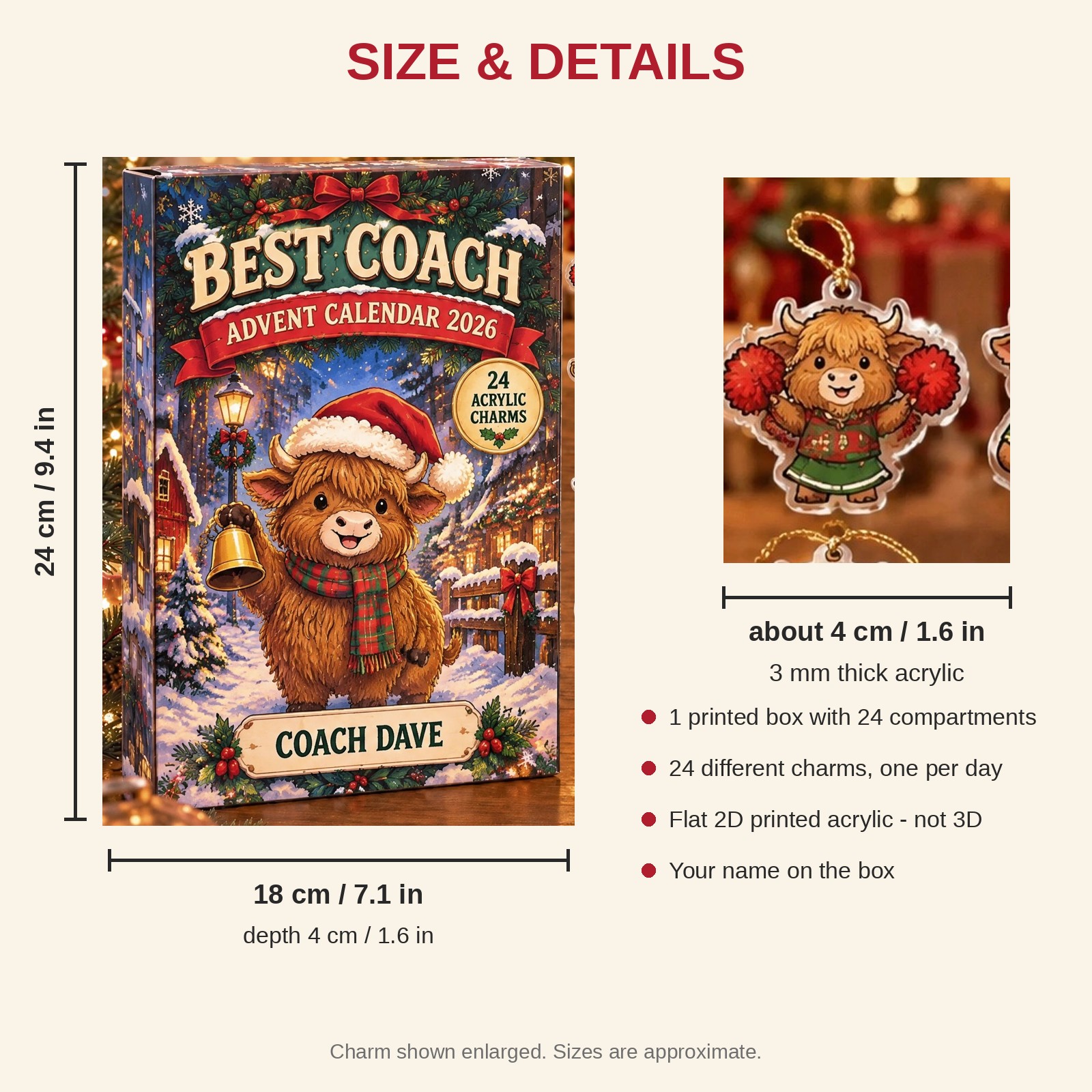 Personalized Coach Highland Cow advent calendar box with 24 flat acrylic Christmas charms: box and charm sizes