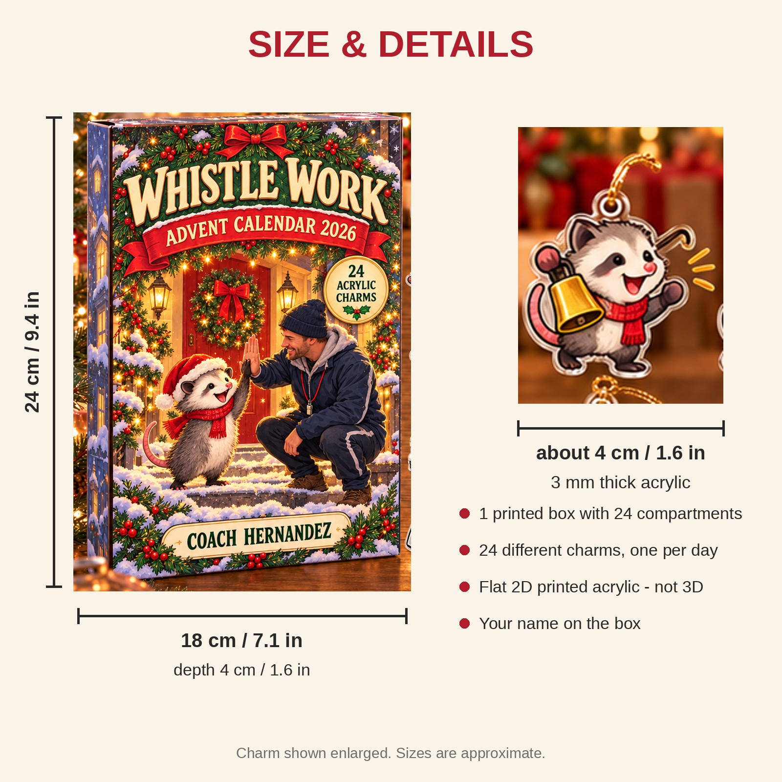 Personalized Coach Opossum advent calendar box with 24 flat acrylic Christmas charms: box and charm sizes