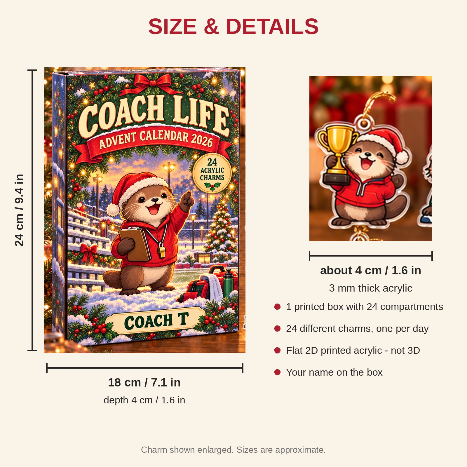 Personalized Coach Otter advent calendar box with 24 flat acrylic Christmas charms: box and charm sizes