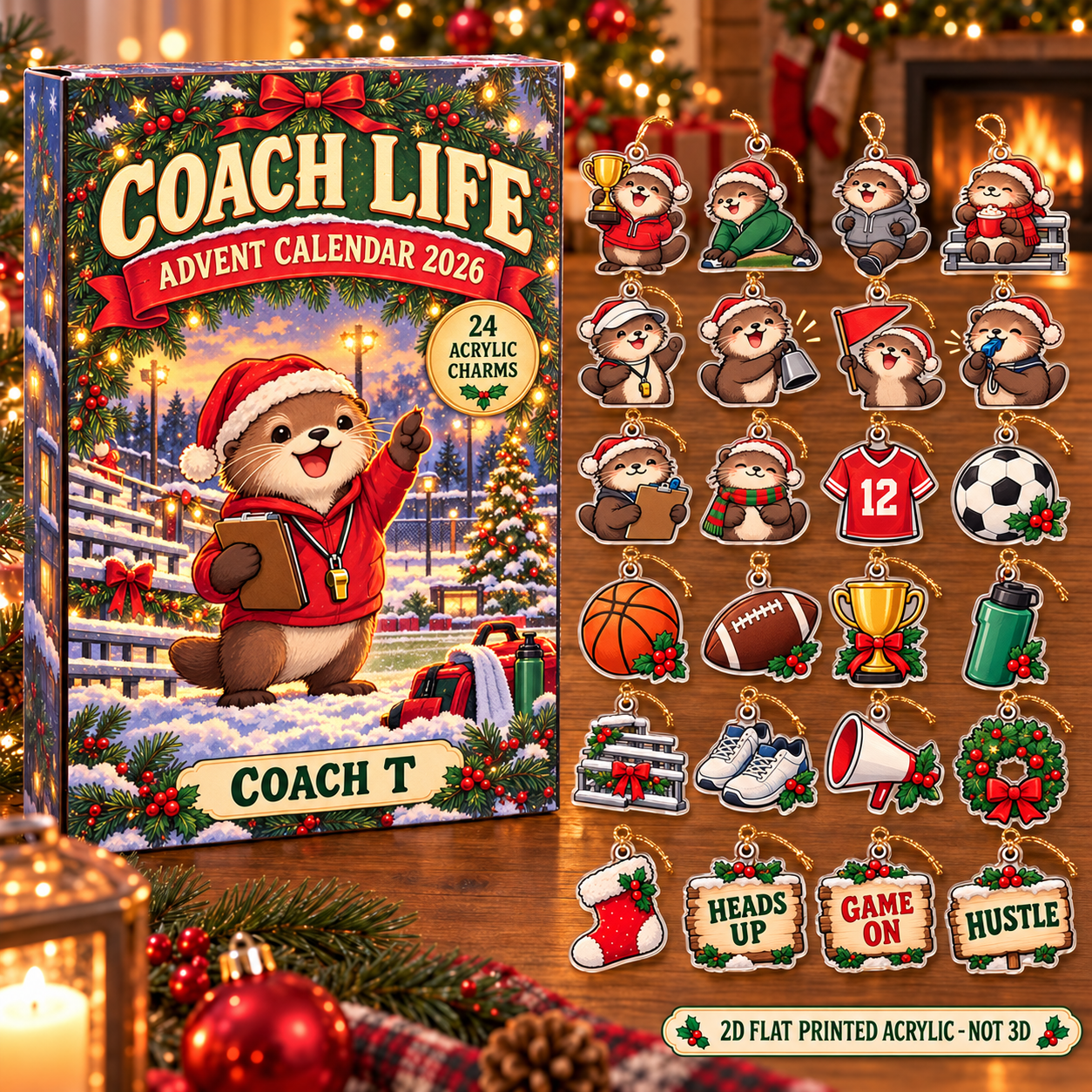 Personalized Coach Otter advent calendar box with 24 flat acrylic Christmas charms