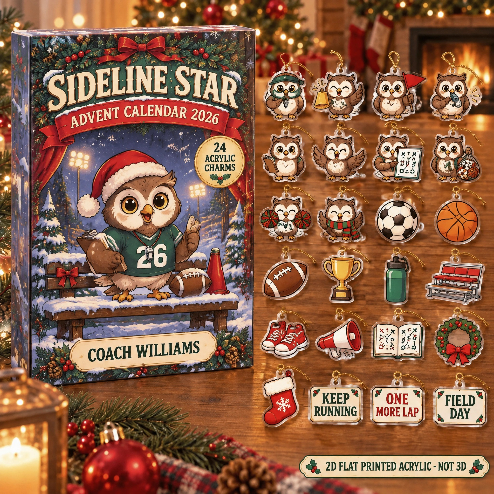 Personalized Coach Owl advent calendar box with 24 flat acrylic Christmas charms