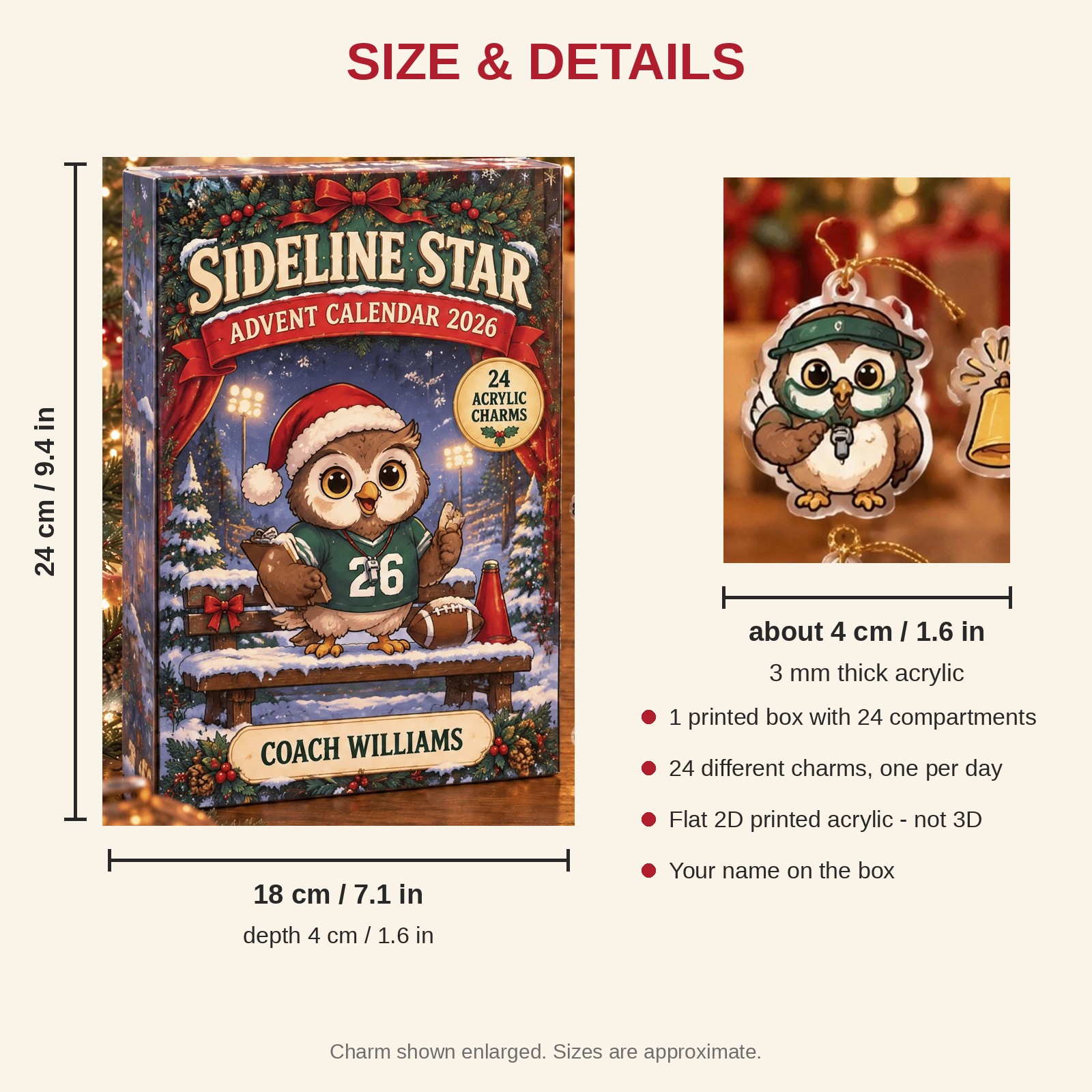 Personalized Coach Owl advent calendar box with 24 flat acrylic Christmas charms: box and charm sizes
