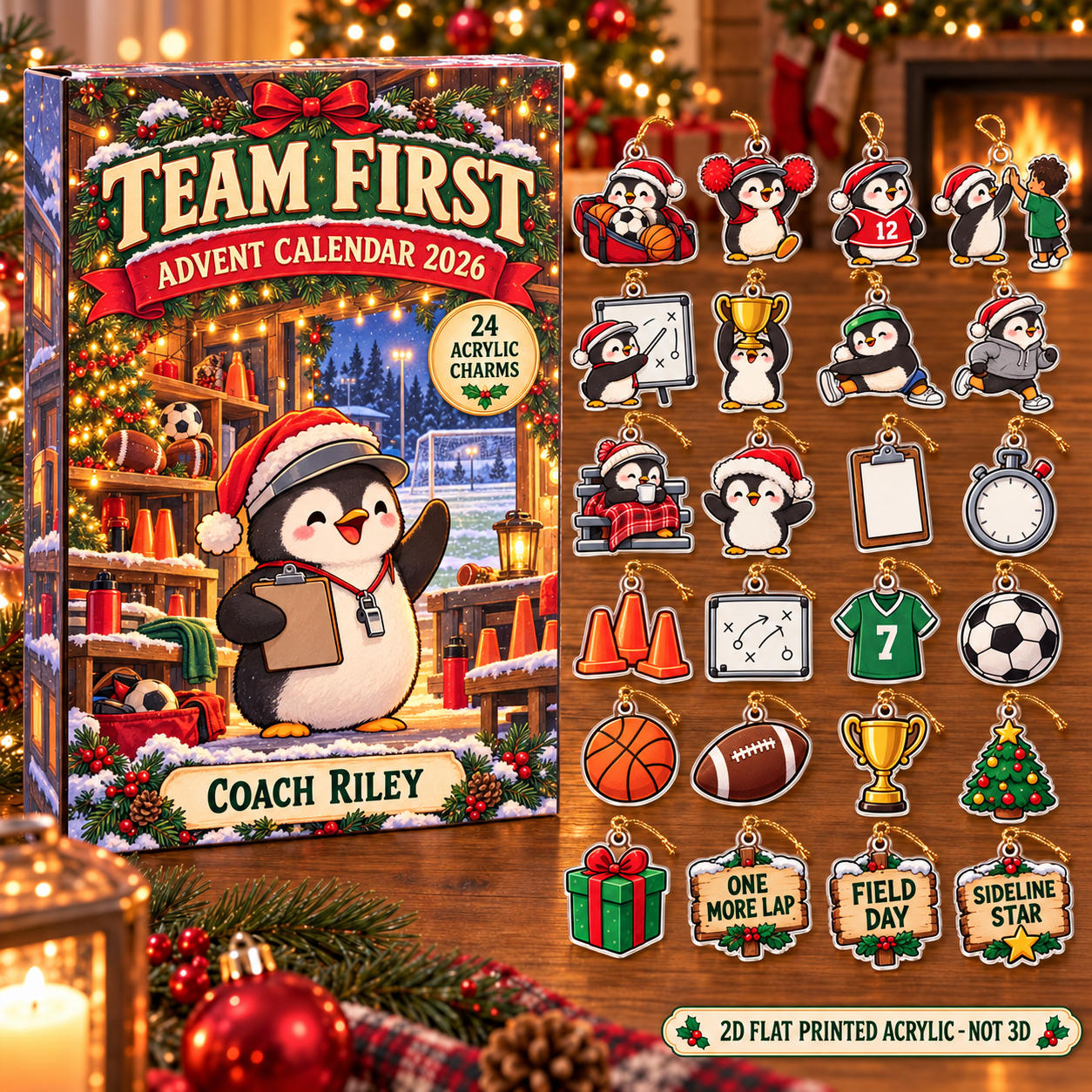 Personalized Coach Penguin advent calendar box with 24 flat acrylic Christmas charms