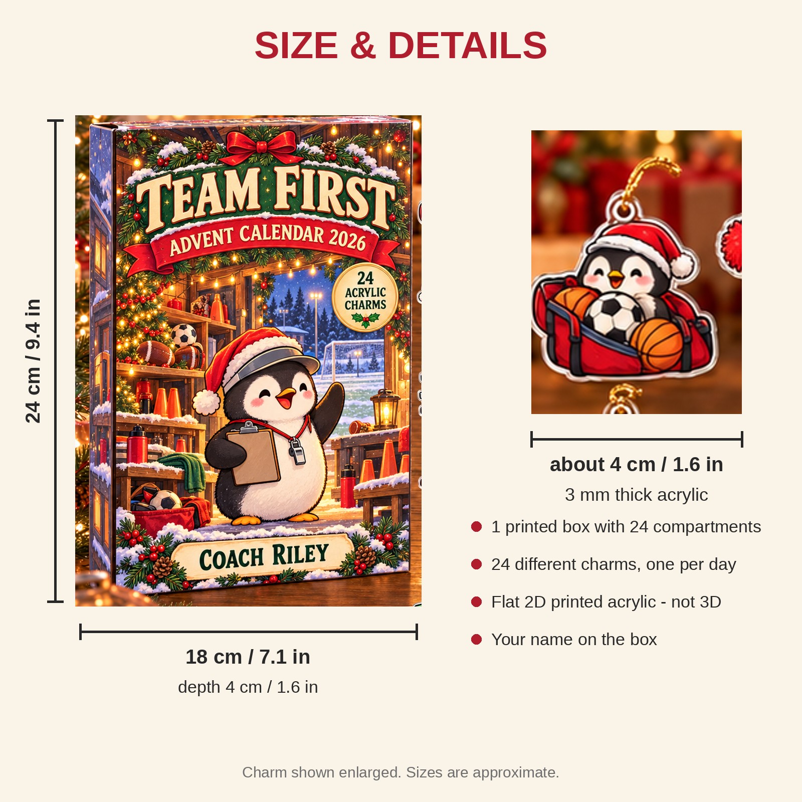Personalized Coach Penguin advent calendar box with 24 flat acrylic Christmas charms: box and charm sizes