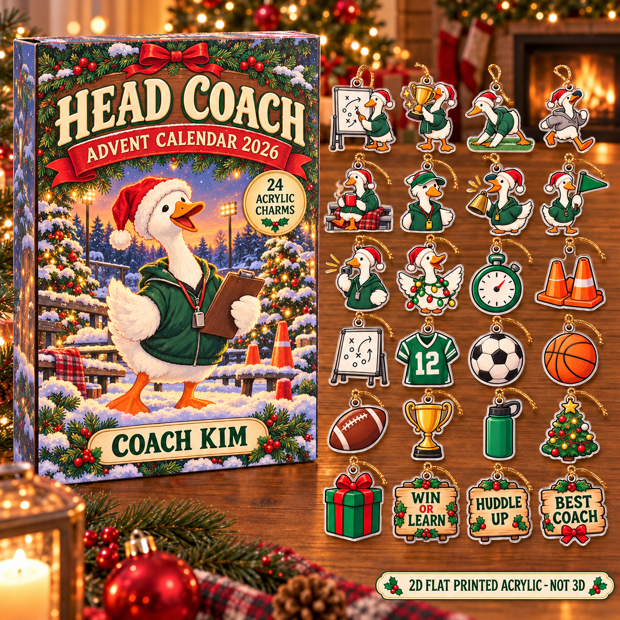 Personalized Coach Silly Goose advent calendar box with 24 flat acrylic Christmas charms