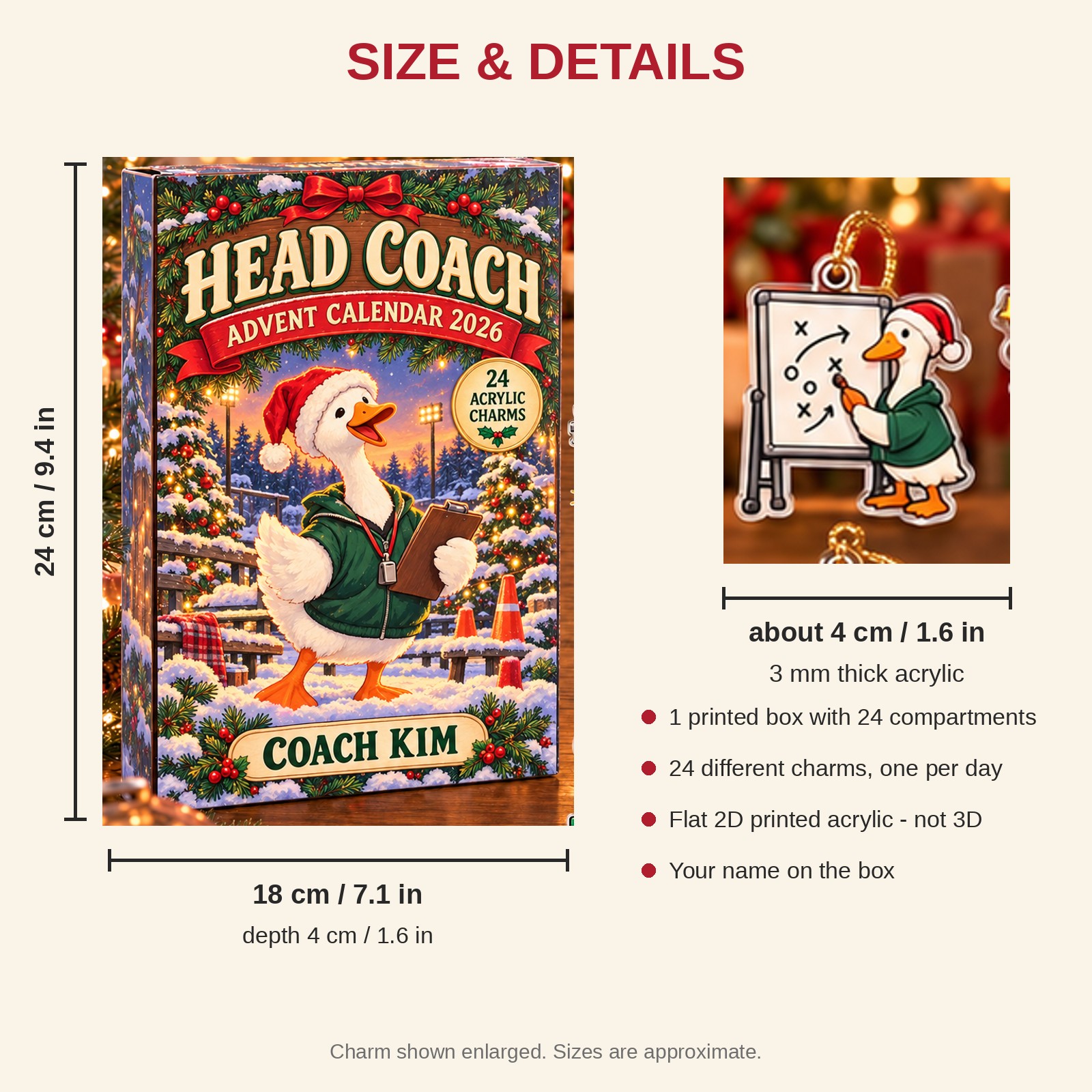 Personalized Coach Silly Goose advent calendar box with 24 flat acrylic Christmas charms: box and charm sizes