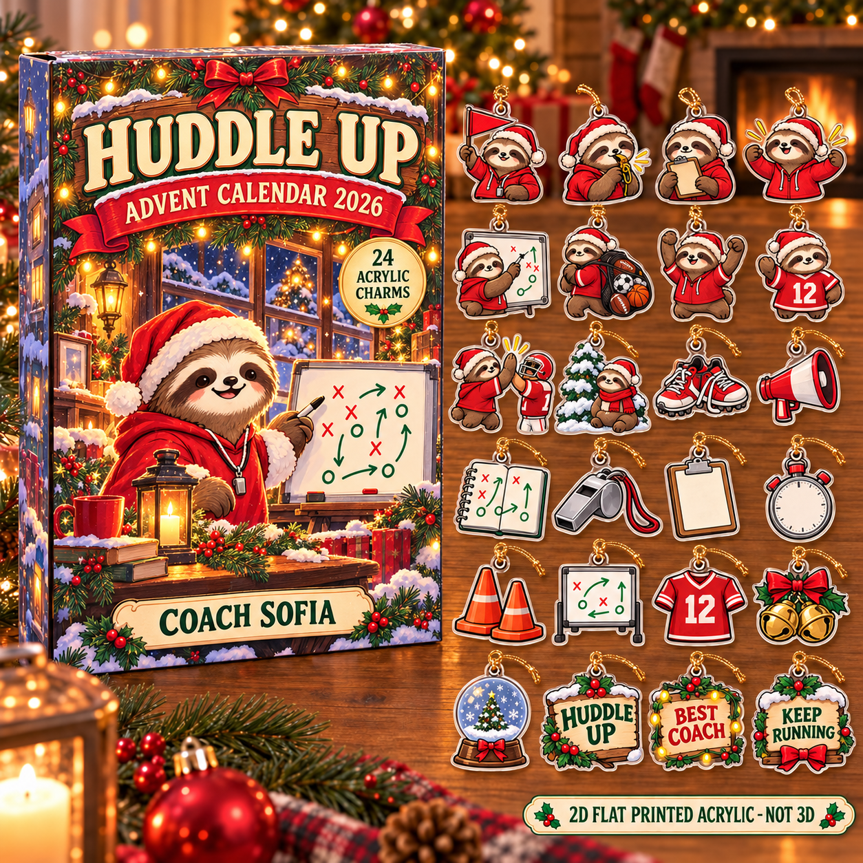 Personalized Coach Sloth advent calendar box with 24 flat acrylic Christmas charms