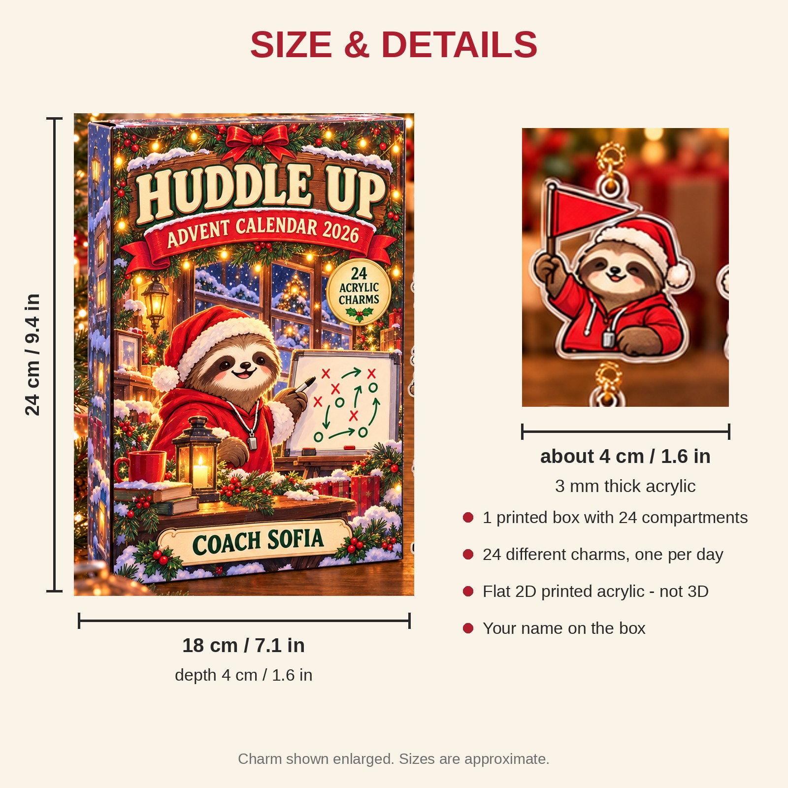 Personalized Coach Sloth advent calendar box with 24 flat acrylic Christmas charms: box and charm sizes