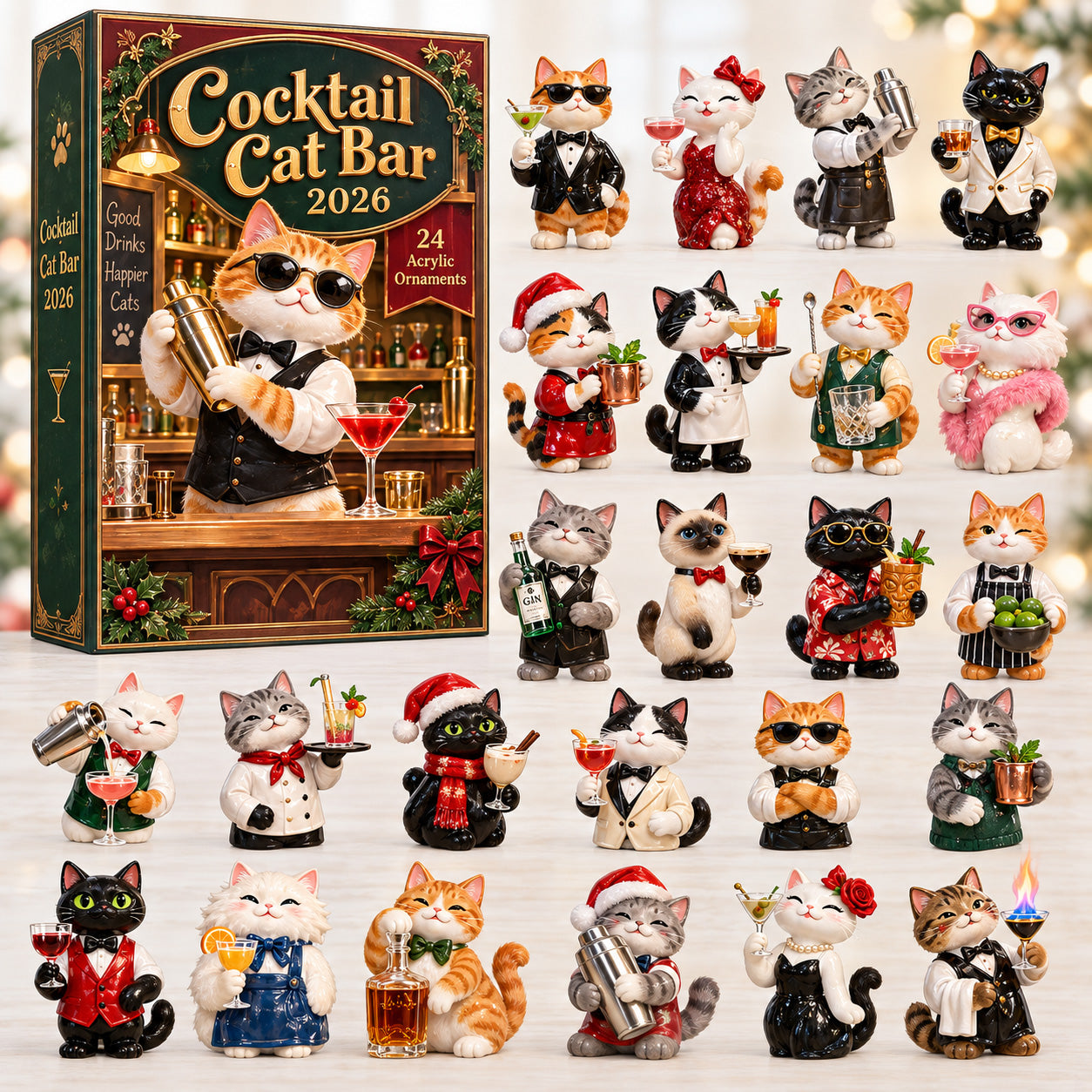 Cocktail Cat Bar advent calendar box with 24 acrylic Christmas charms