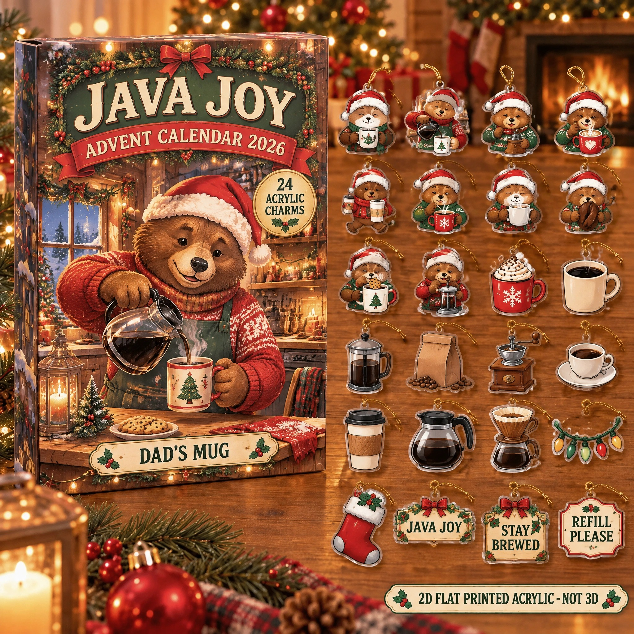 Personalized Coffee Lover Bear advent calendar box with 24 flat acrylic Christmas charms
