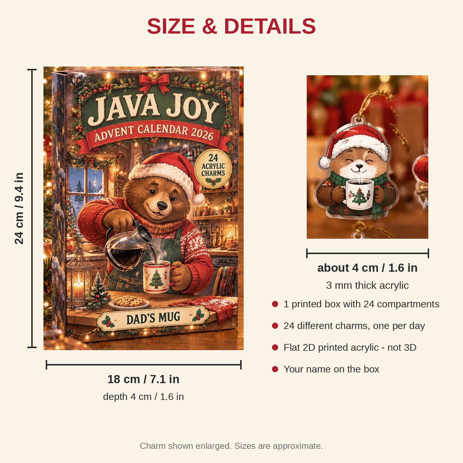 Personalized Coffee Lover Bear advent calendar box with 24 flat acrylic Christmas charms: box and charm sizes
