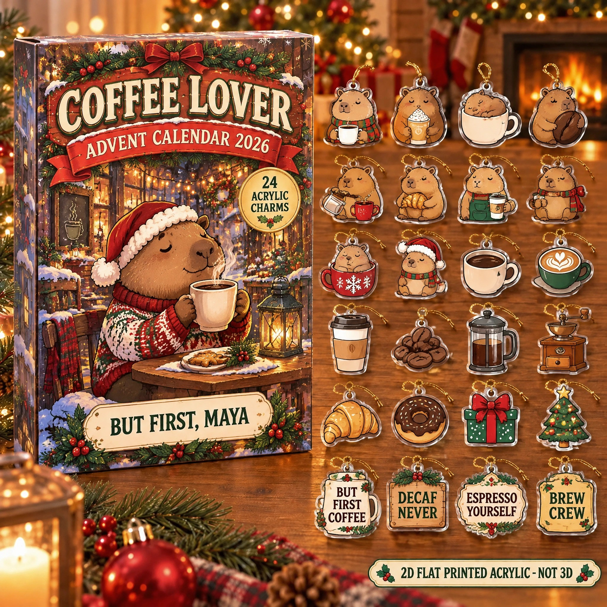 Personalized Coffee Lover Capybara advent calendar box with 24 flat acrylic Christmas charms