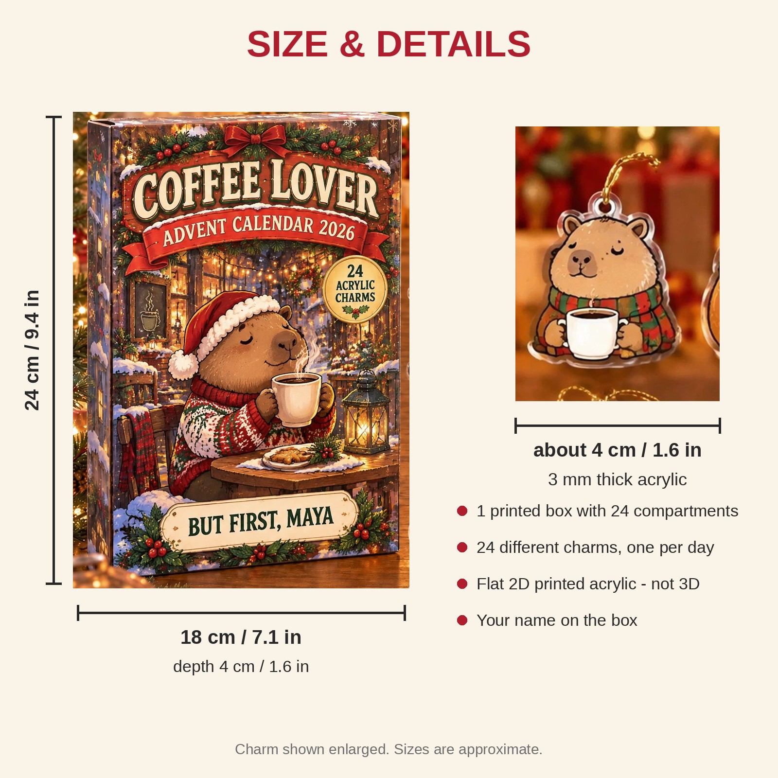 Personalized Coffee Lover Capybara advent calendar box with 24 flat acrylic Christmas charms: box and charm sizes