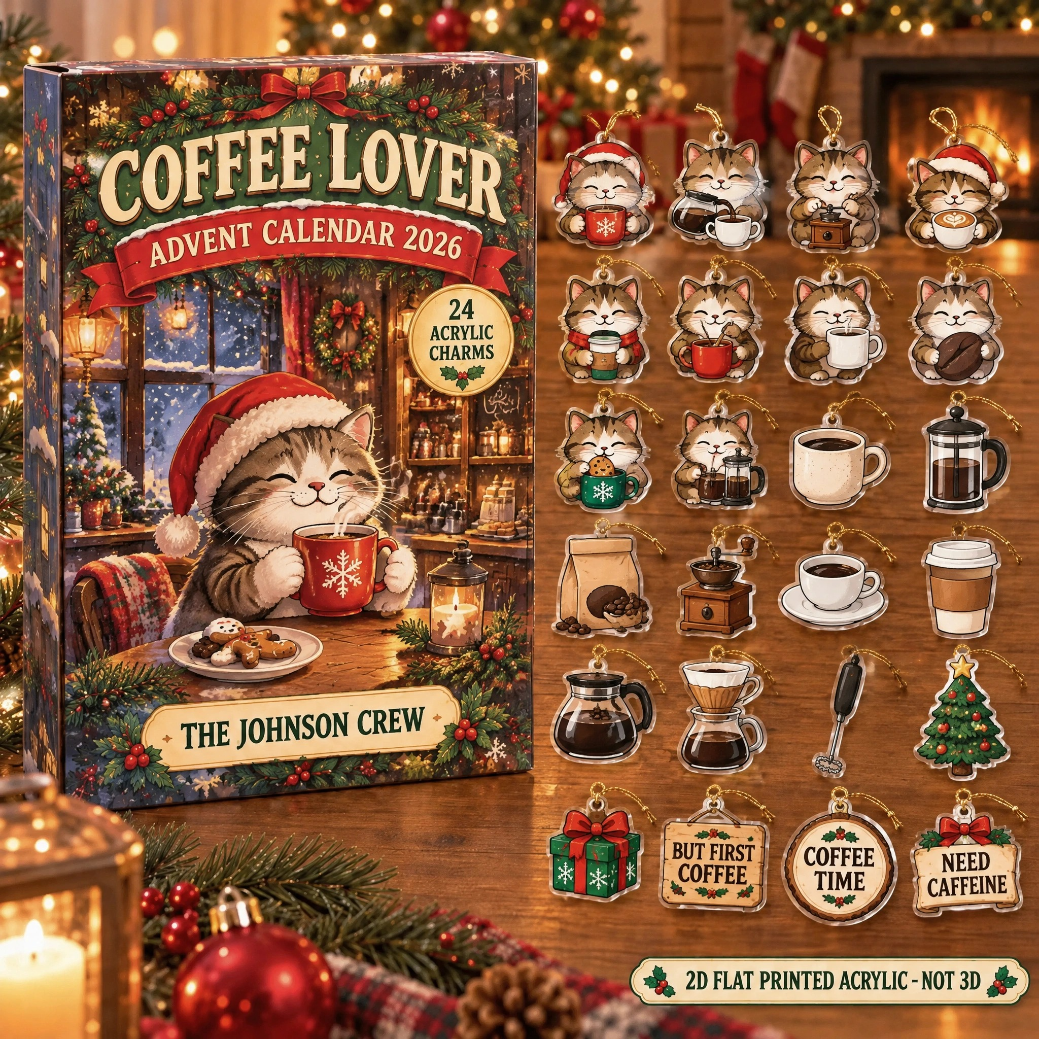 Personalized Coffee Lover Cat advent calendar box with 24 flat acrylic Christmas charms