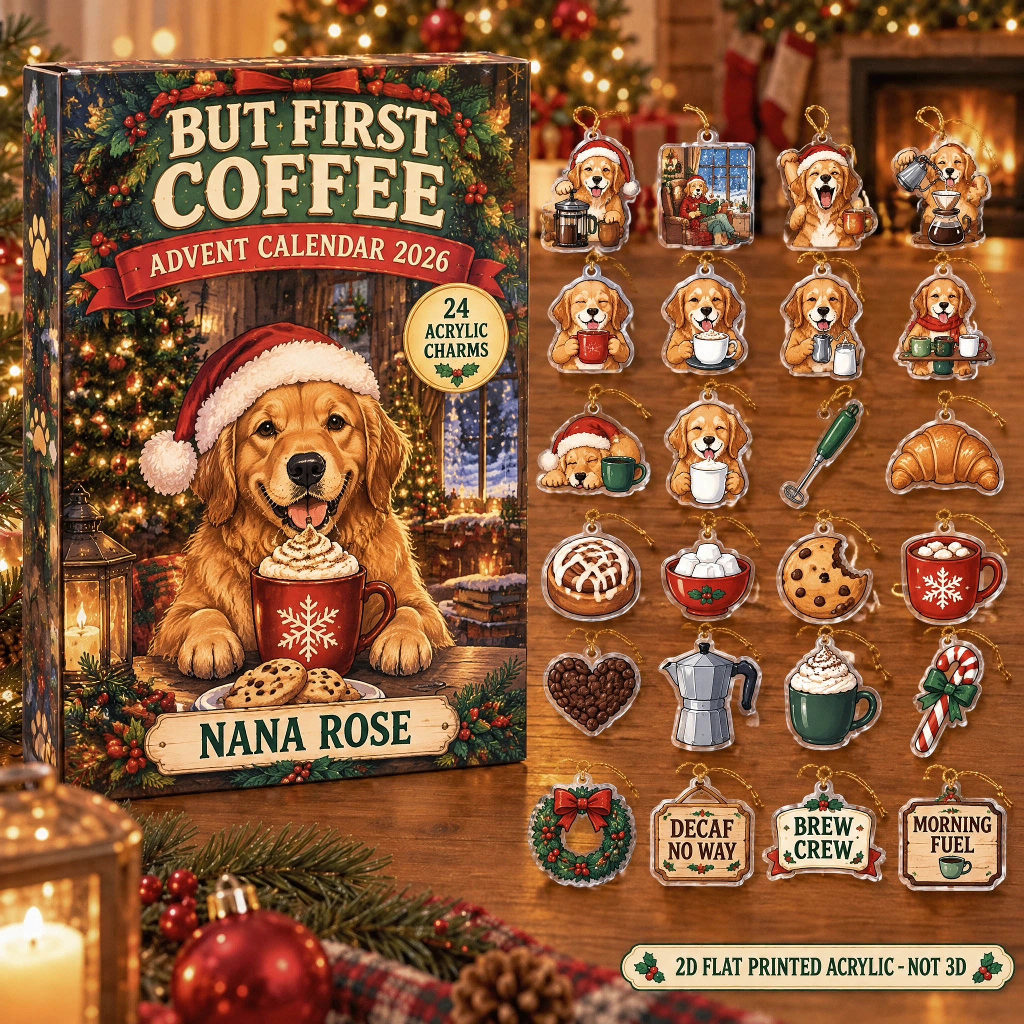 Personalized Coffee Lover Dog advent calendar box with 24 flat acrylic Christmas charms