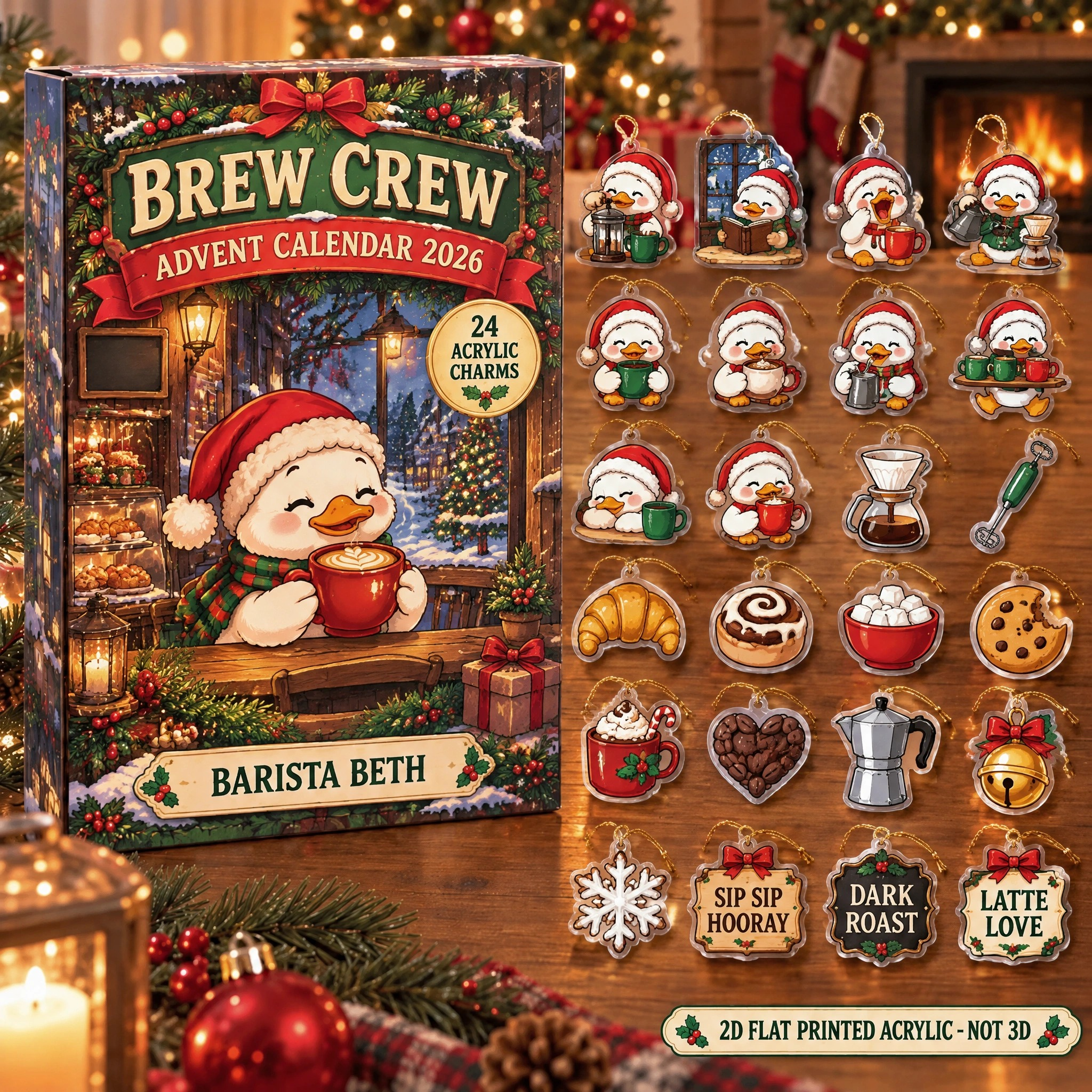 Personalized Coffee Lover Duck advent calendar box with 24 flat acrylic Christmas charms