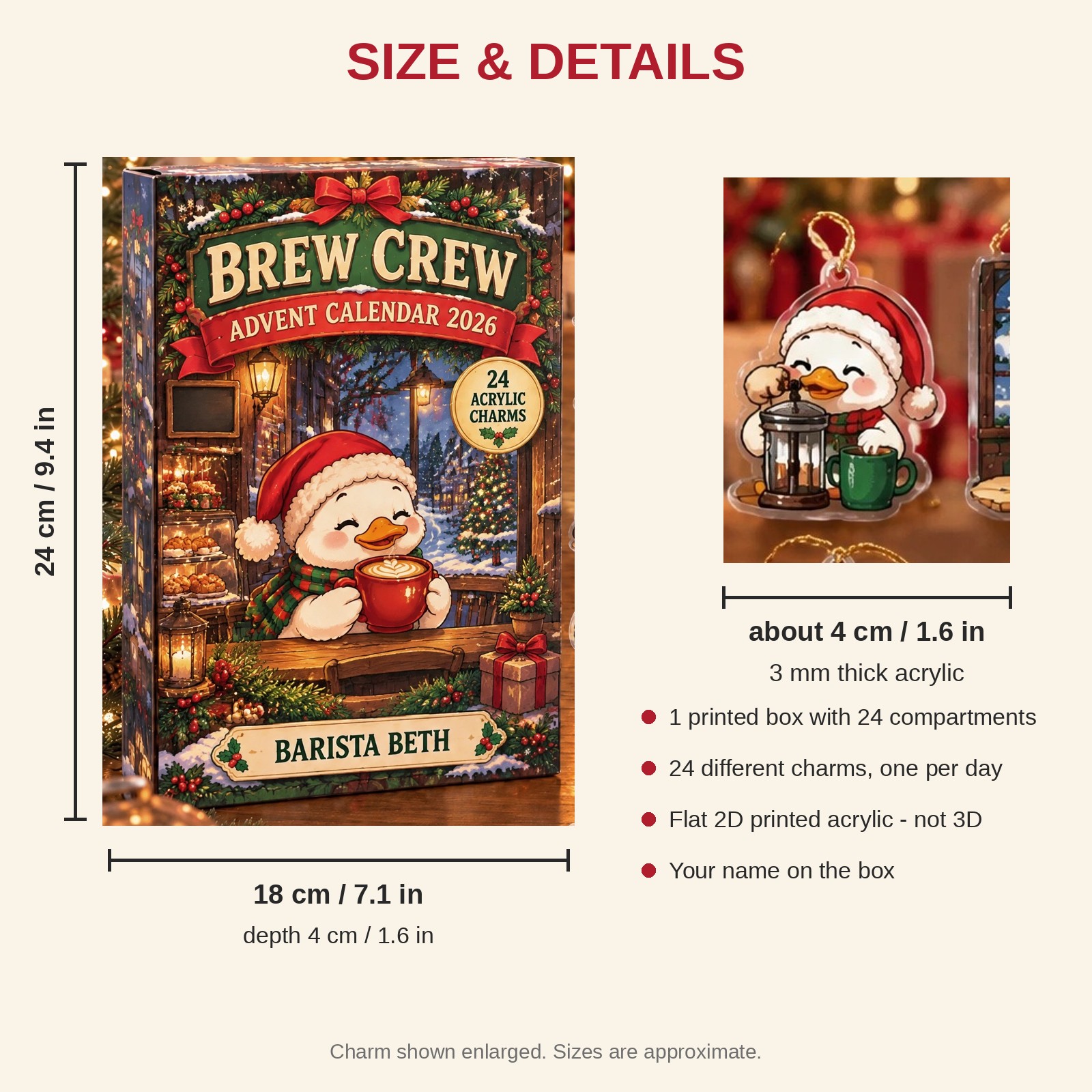 Personalized Coffee Lover Duck advent calendar box with 24 flat acrylic Christmas charms: box and charm sizes