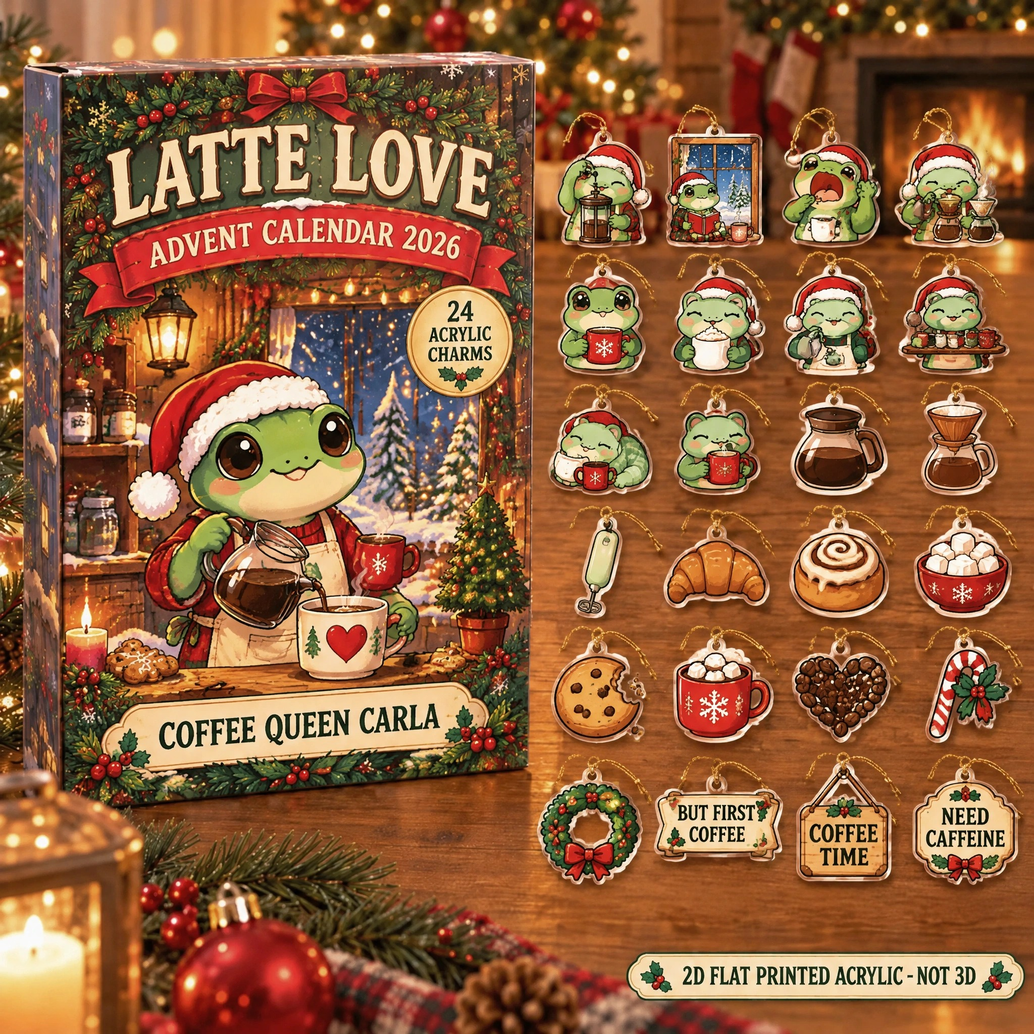 Personalized Coffee Lover Frog advent calendar box with 24 flat acrylic Christmas charms