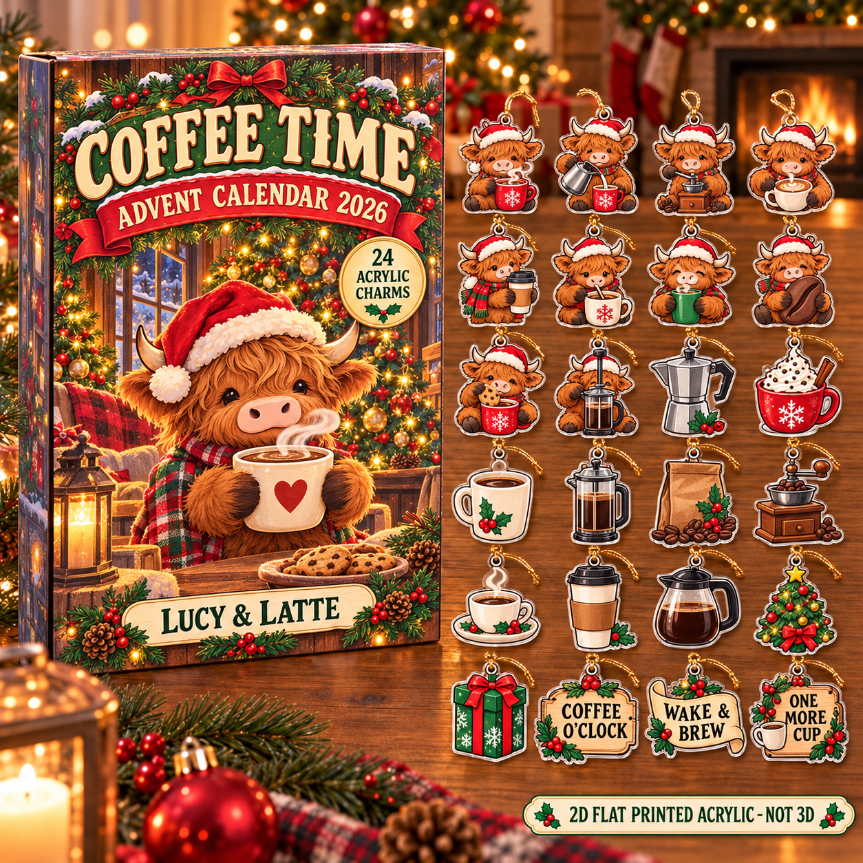 Personalized Coffee Lover Highland Cow advent calendar box with 24 flat acrylic Christmas charms